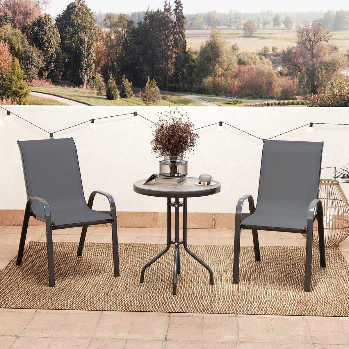 3 Pieces Bistro Set, Small Patio Furniture Set with Stackable Mesh Chairs, Glass Table for Garden, Balcony – Dark Grey