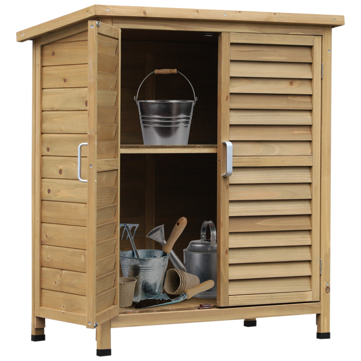 Wooden Garden Storage Shed Kit Wood Garage Tool Organisation Cabinet with 2 Door, 34" x 18" x 38" – Natural