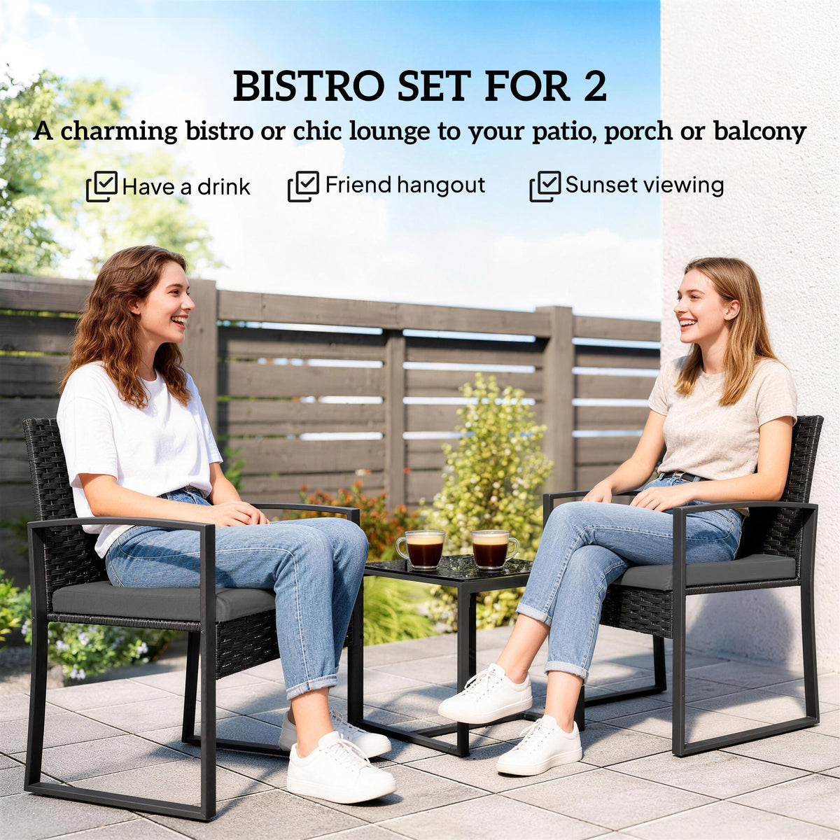 Outdoor Bistro Set, 3 Piece Wicker Patio Furniture Set with Glass Top Table and Cushions for Porch, Balcony – Dark Grey