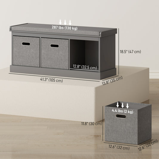 HOMCOM Dark Grey Entryway Shoe Storage Bench, Cushioned Seat, 3 Fabric Drawers