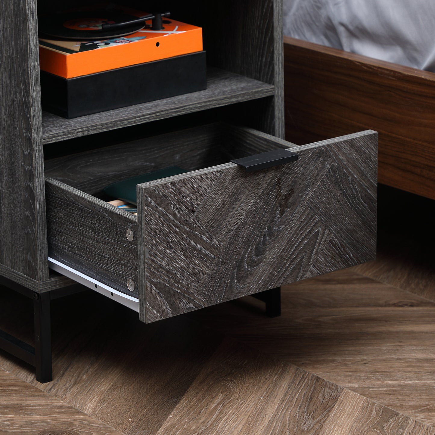 HOMCOM Modern Dark Grey Bedside Table with Drawer and Open Shelf Storage