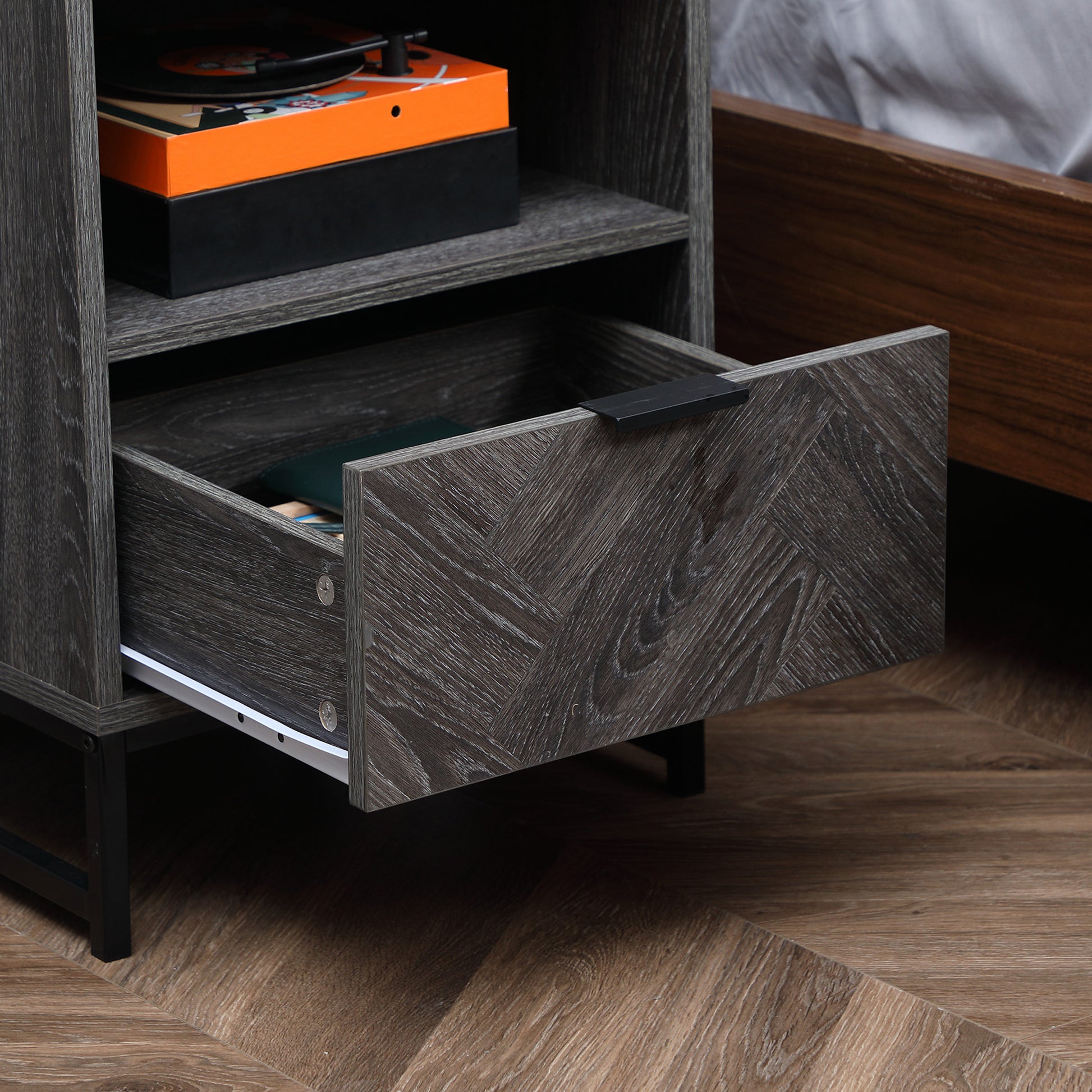HOMCOM Modern Dark Grey Bedside Table with Drawer and Open Shelf Storage