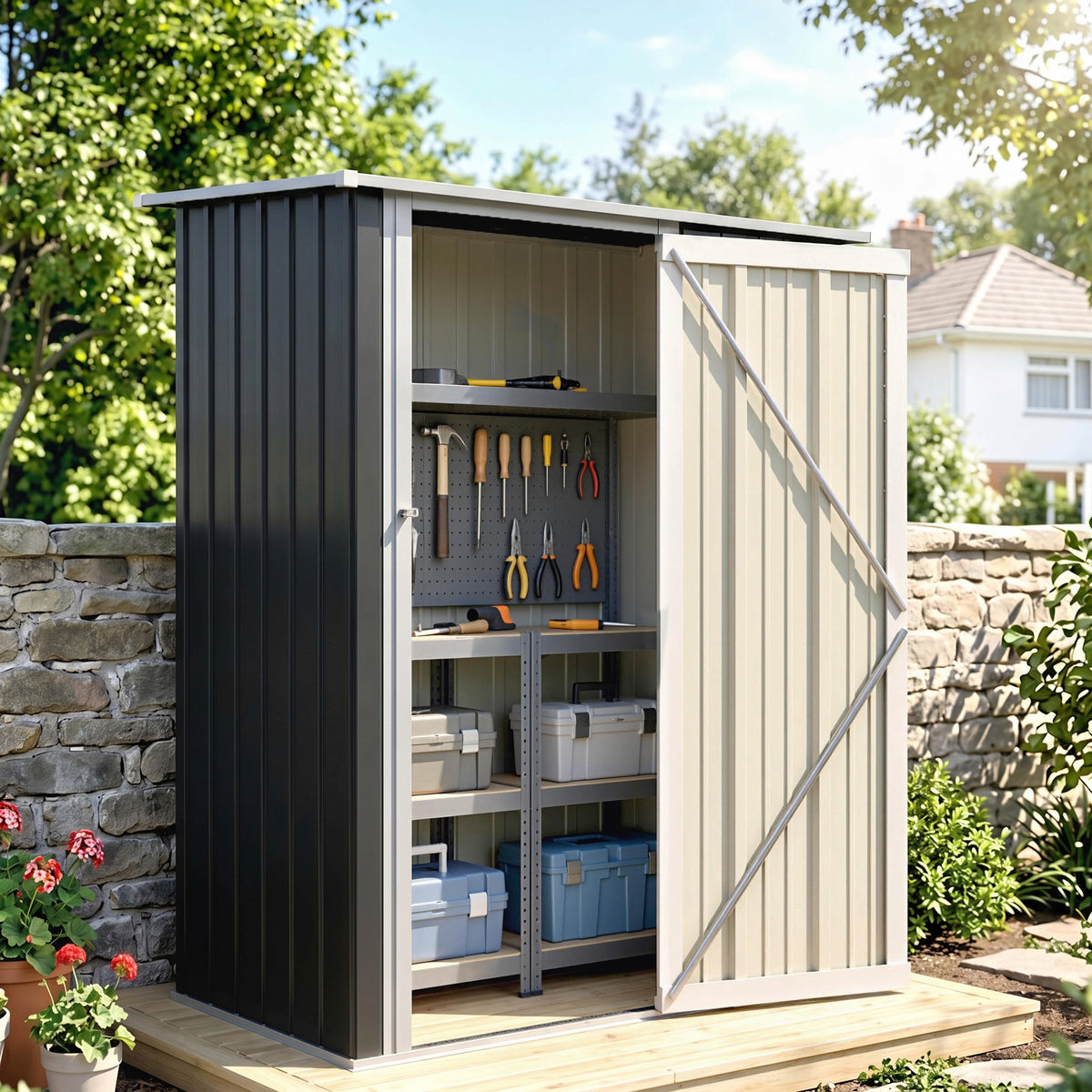 5 x 3ft Outdoor Storage Shed Metal Garden Shed Cabanon with Sloped Roof, Lockable Door for Tool