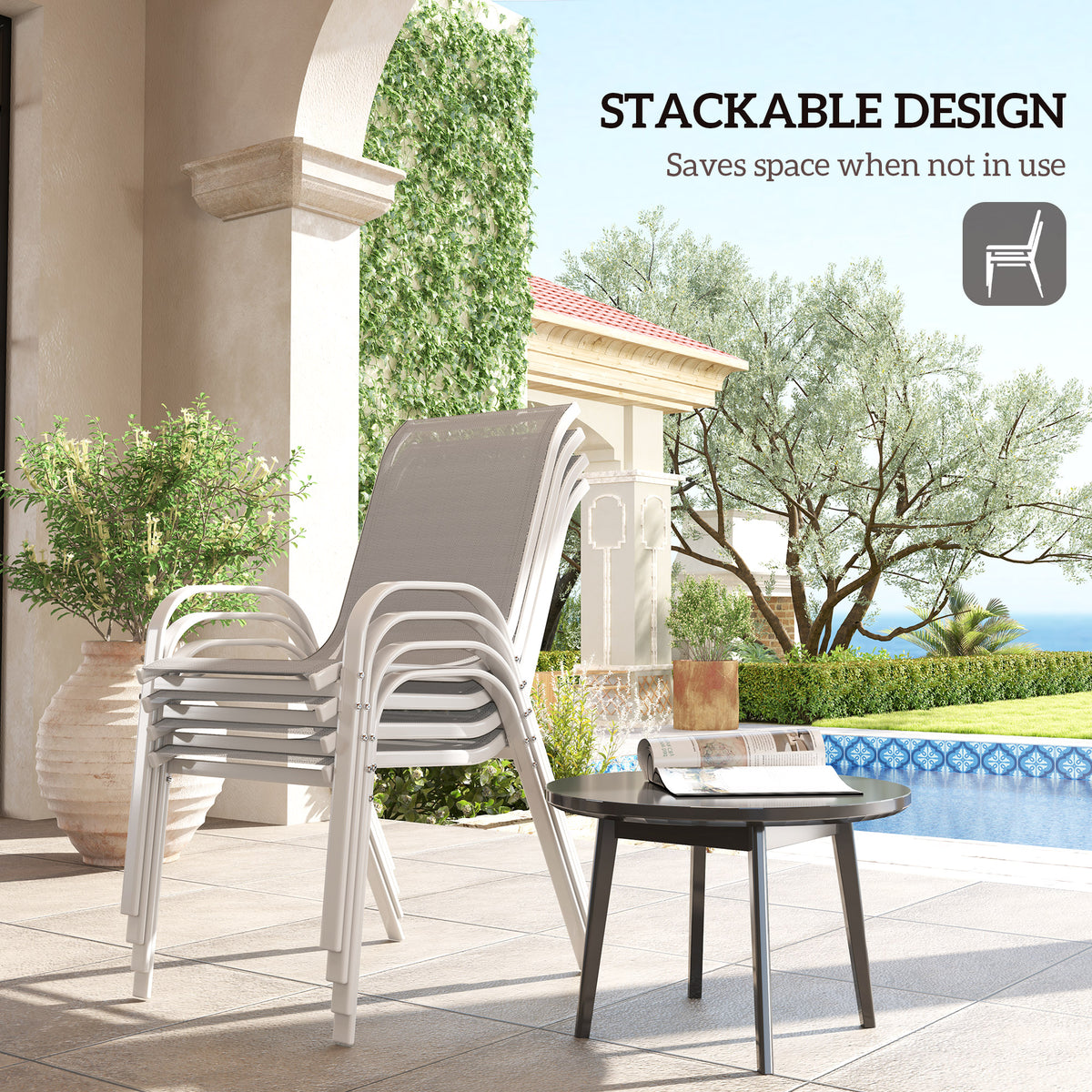 Set of 4 Outdoor Dining Chairs, Stackable Lawn Chairs with High Back, Breathable Mesh Seat for Garden Porch – White