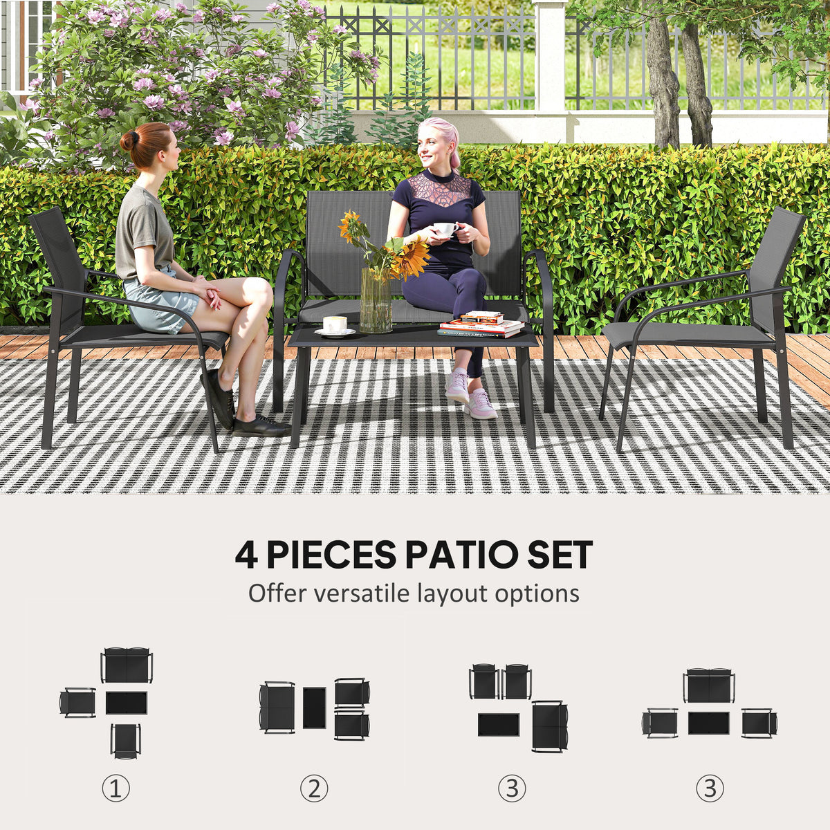 4 Piece Patio Furniture Set, Outdoor Conversation Set with Deep Seat, Loveseats, Armchairs, Glass-Top Table