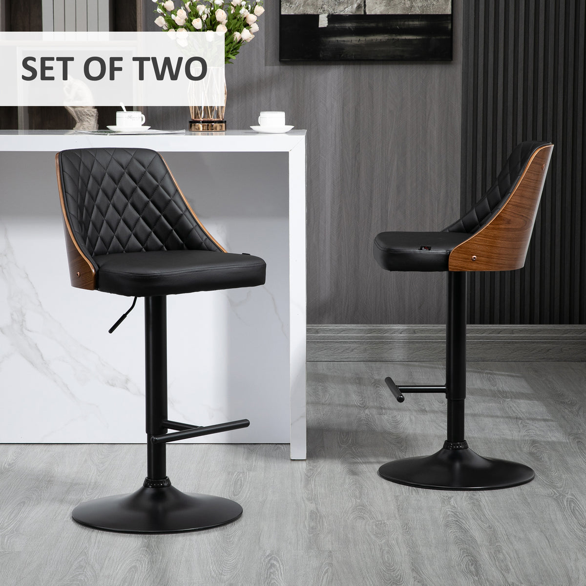 PU Leather Swivel Bar Height Stools with Wood Back, Adjustable, Set of 2, Black