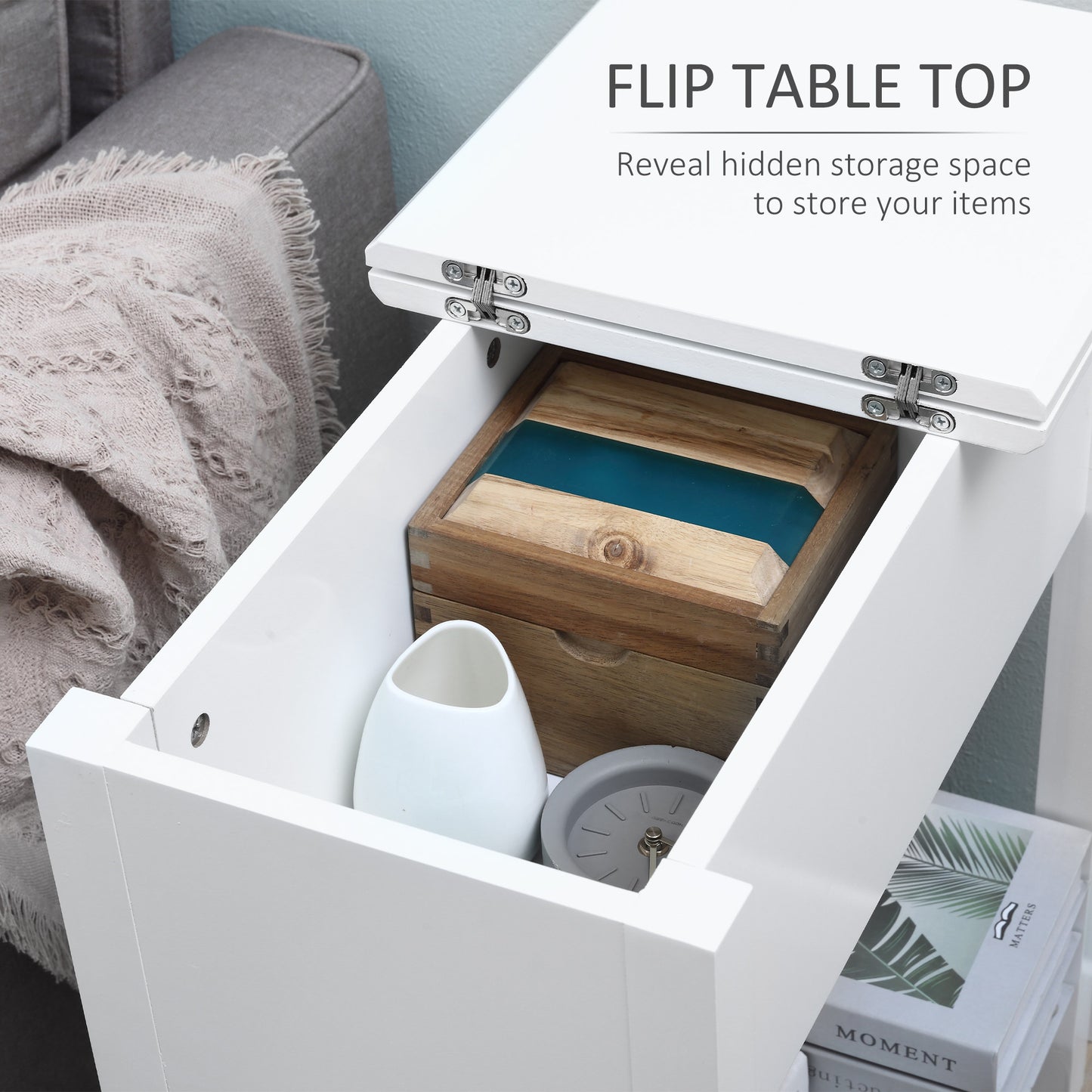HOMCOM Flip Top End Side Table with Storage, Cable Management, Narrow Nightstand