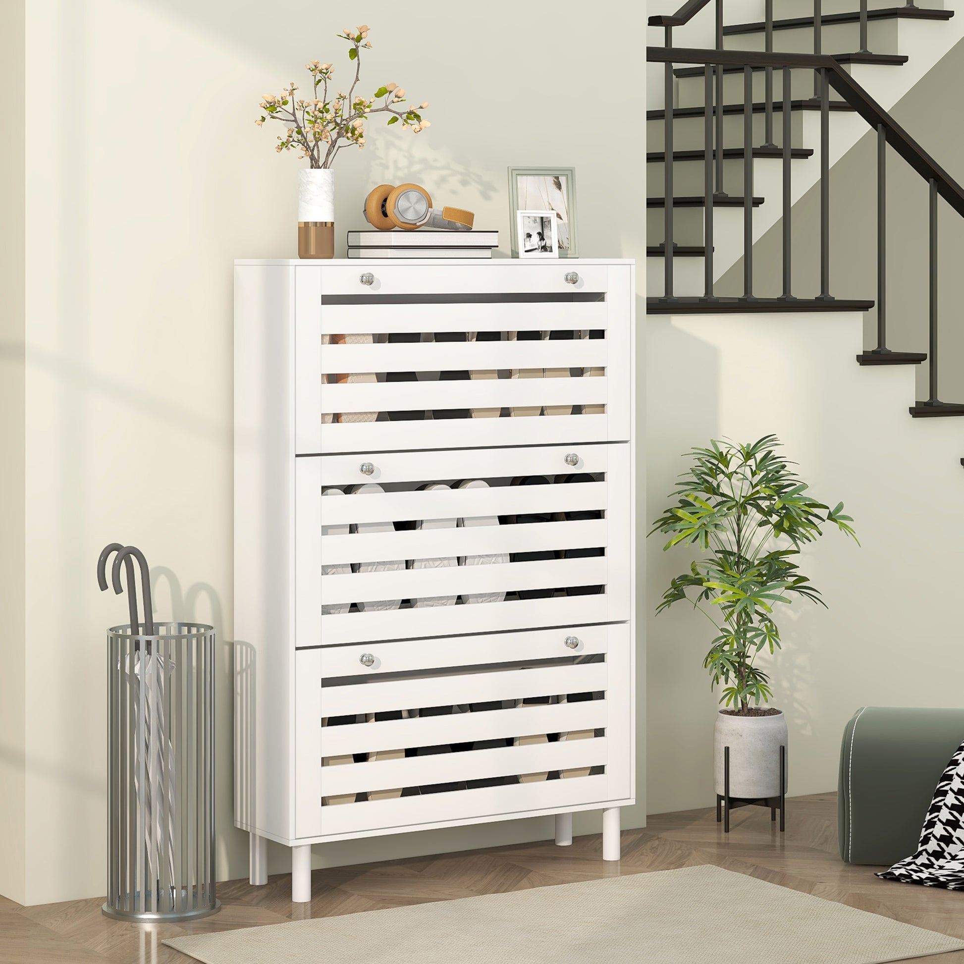 Modern Narrow White Shoe Storage Cabinet with 3 Flip Drawers, Adjustable Shelves