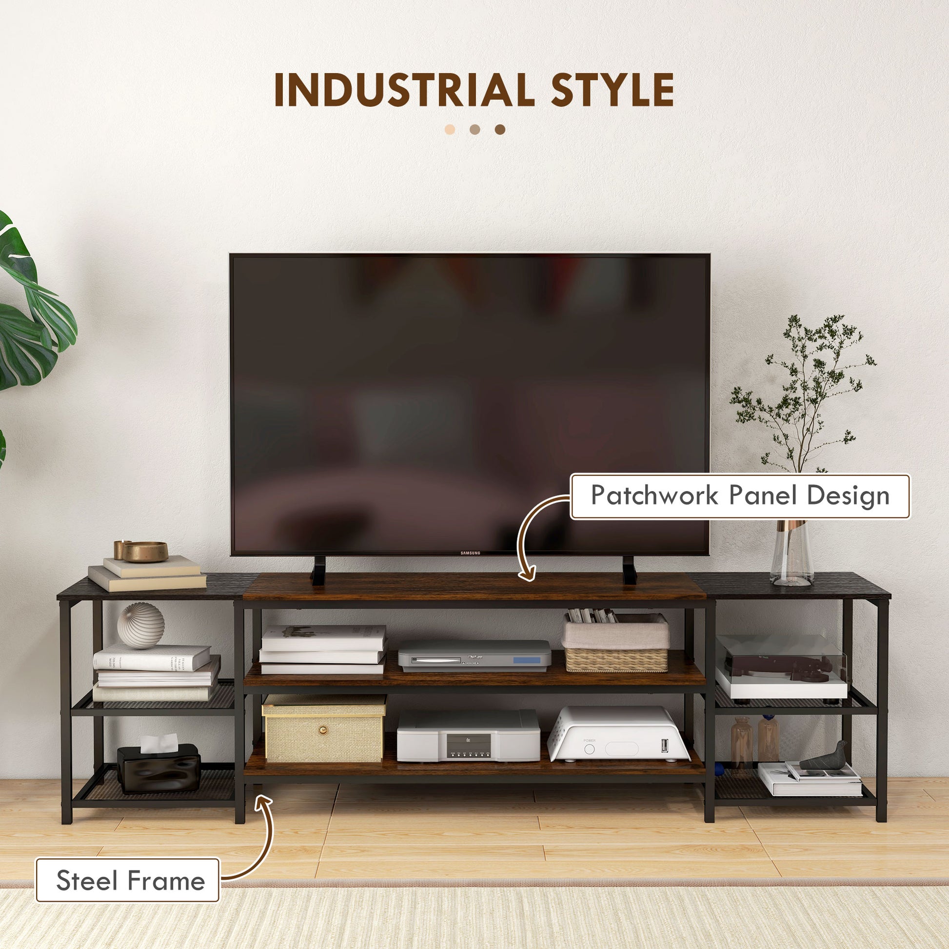 HOMCOM Industrial TV Stand for 80-inch TVs with Open Storage Shelves
