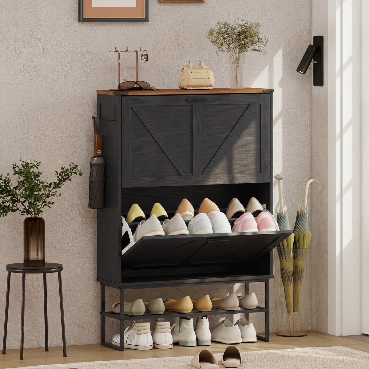 Narrow Shoe Storage Cabinet with 2 Flip Drawers – 31"W x 46"H