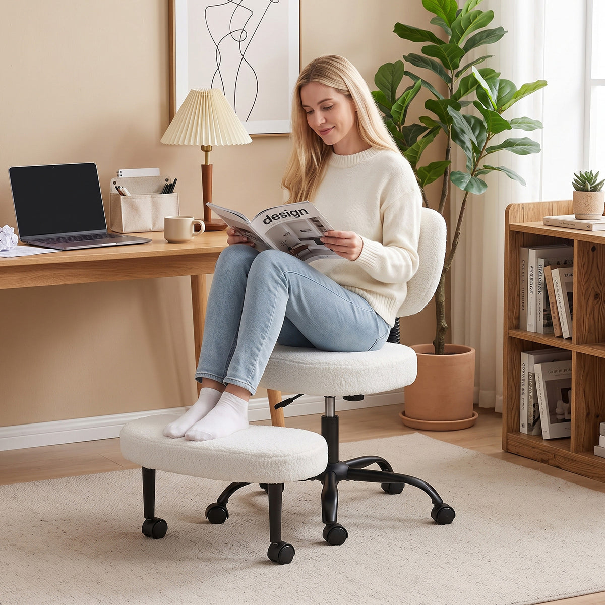 Ergonomic Cross Legged Office Chair with Removable Footrest, Cream