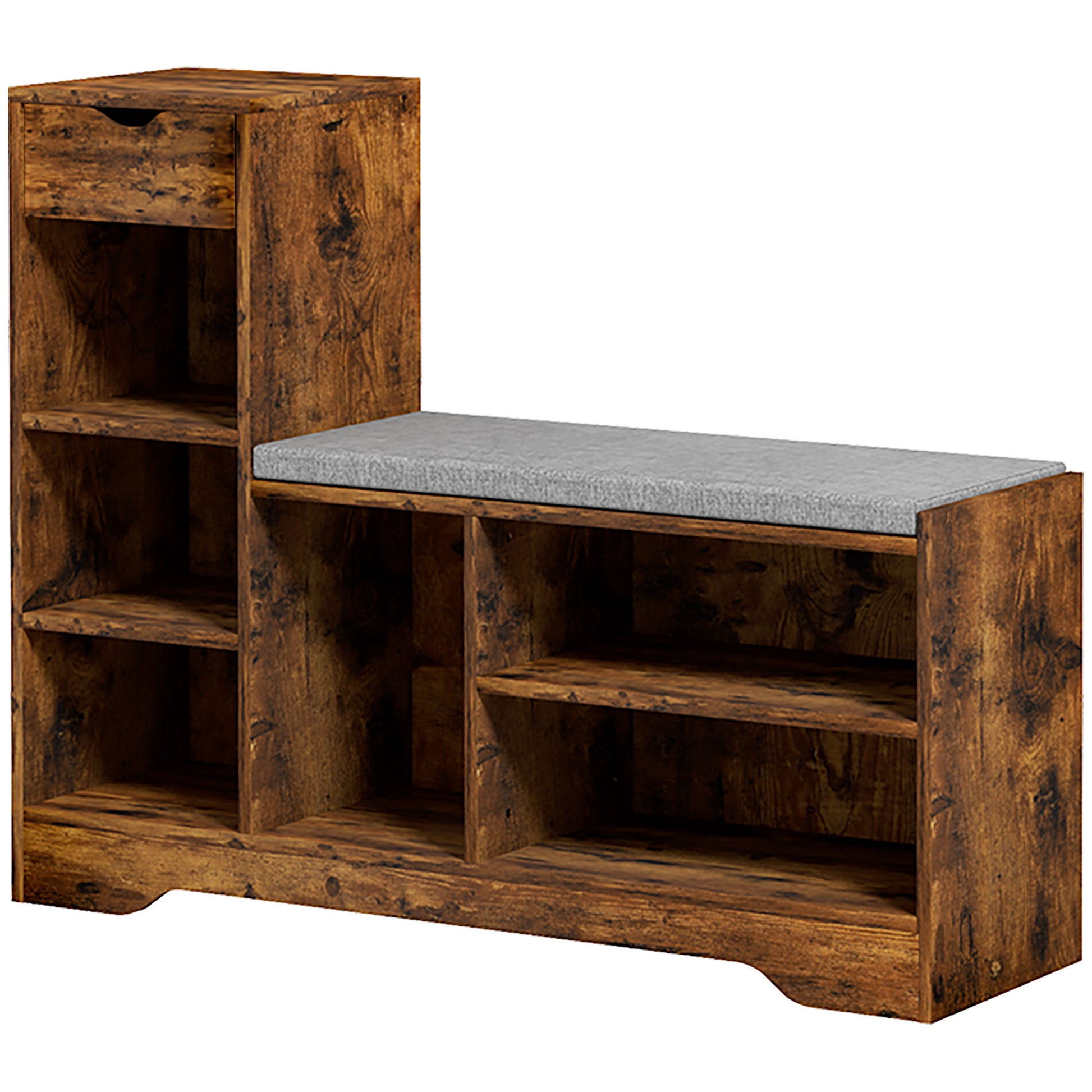HOMCOM Rustic Brown Upholstered Shoe Storage Bench with Drawer & 6 Shelves