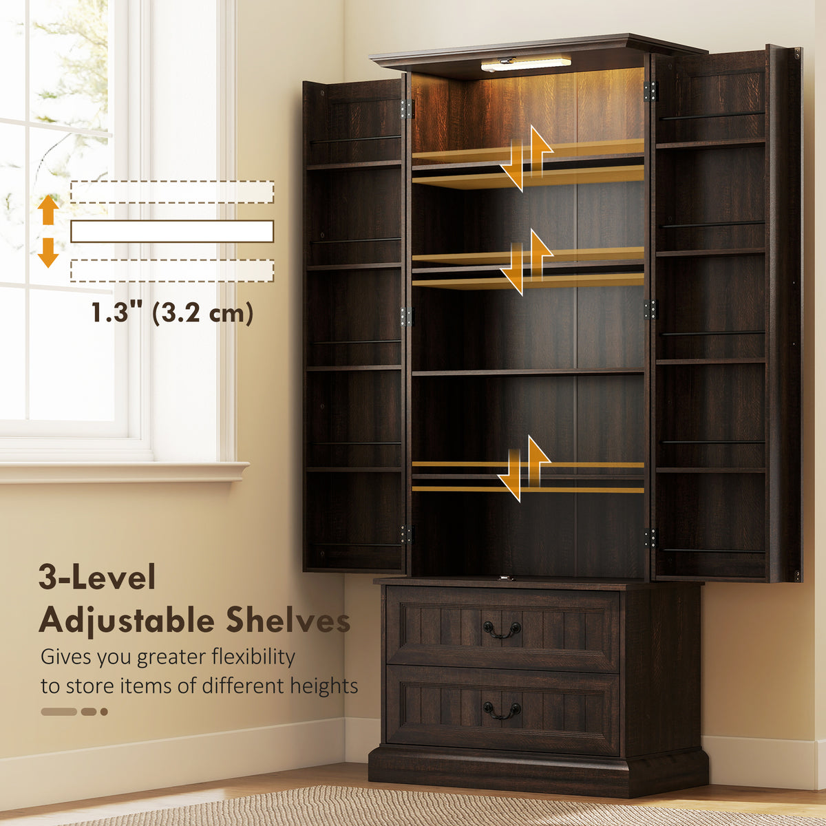 LED Kitchen Pantry Cabinet with 10 Door Shelves and 2 Drawers – 30"W x 72"H