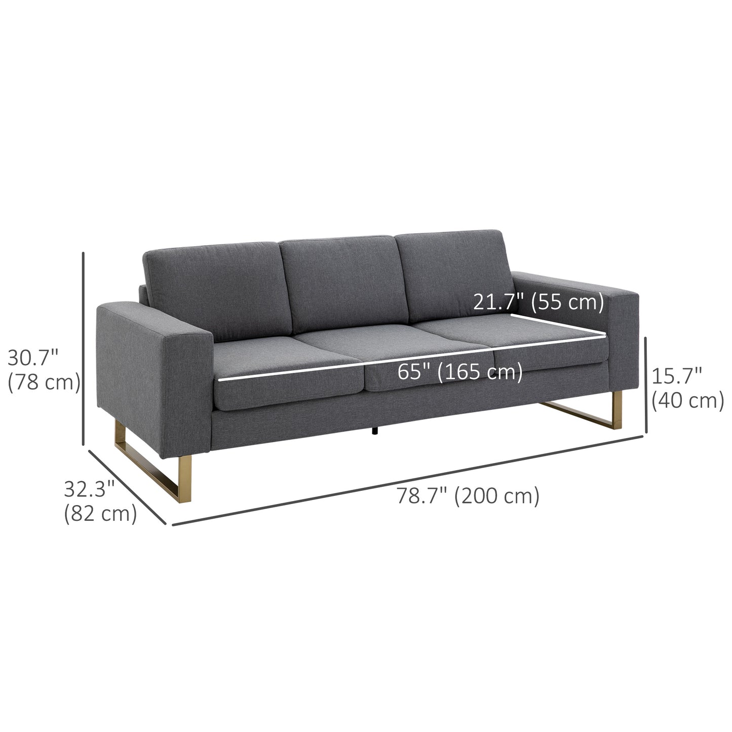 Modern Three-Seat Linen Upholstered Sofa with Steel Legs, Padded Cushions, Grey