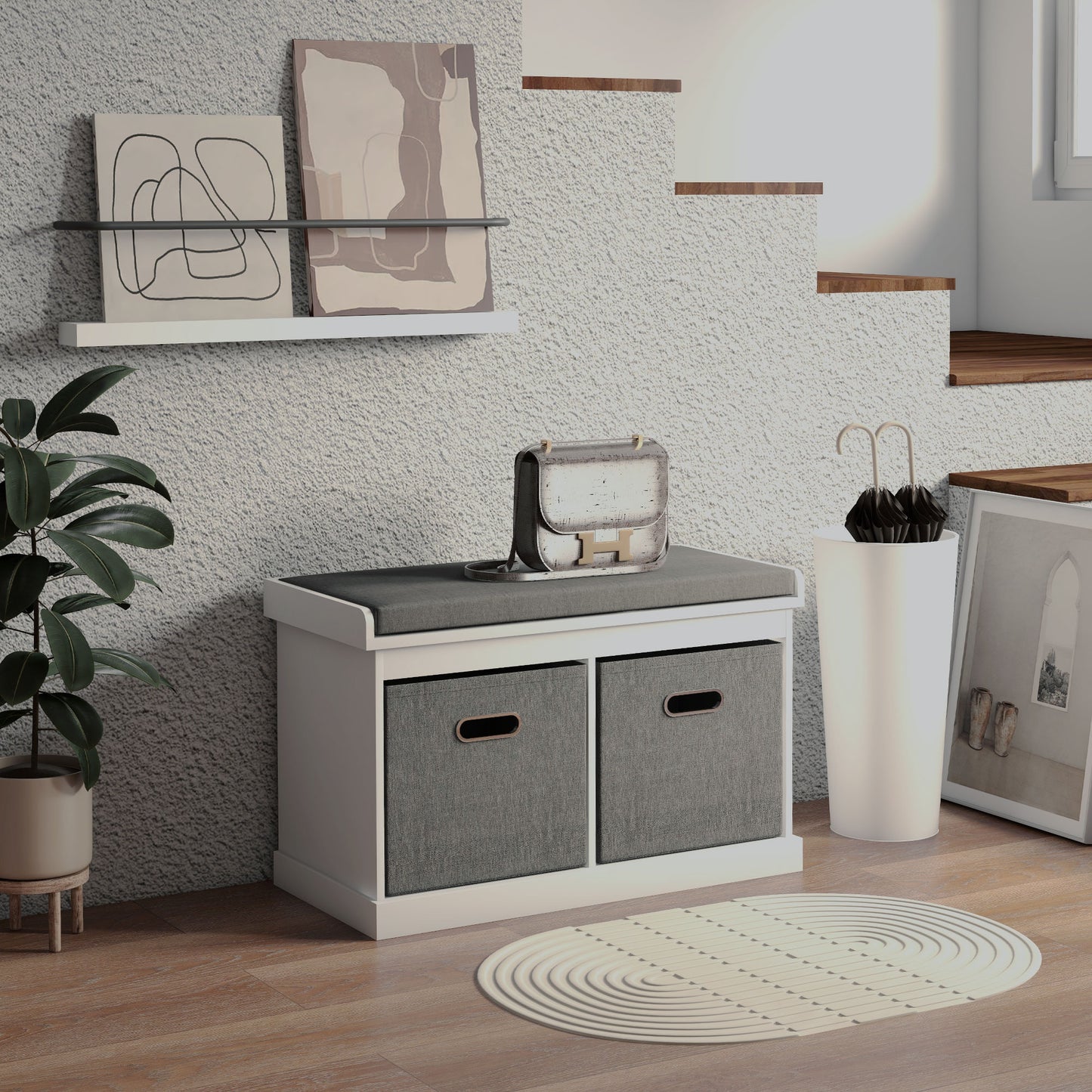 HOMCOM White Entryway Shoe Storage Bench, Comfortable Cushion, Two Fabric Drawers