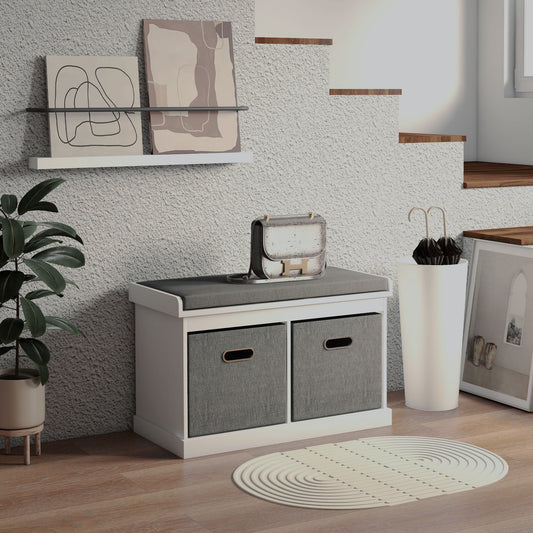 HOMCOM White Entryway Shoe Storage Bench, Comfortable Cushion, Two Fabric Drawers