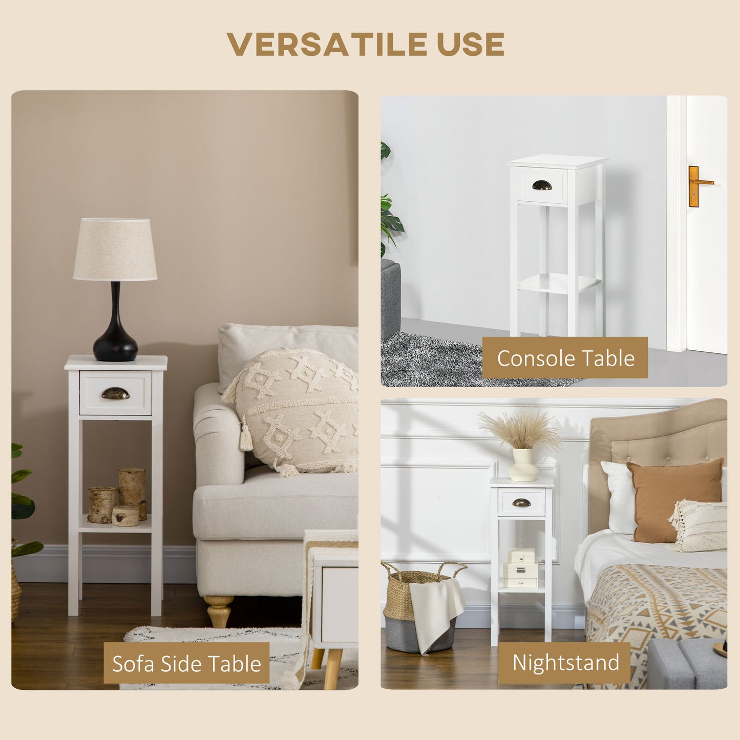 HOMCOM 2-Tier Narrow Tall End Table Set with Drawer & Shelf, White Nightstand