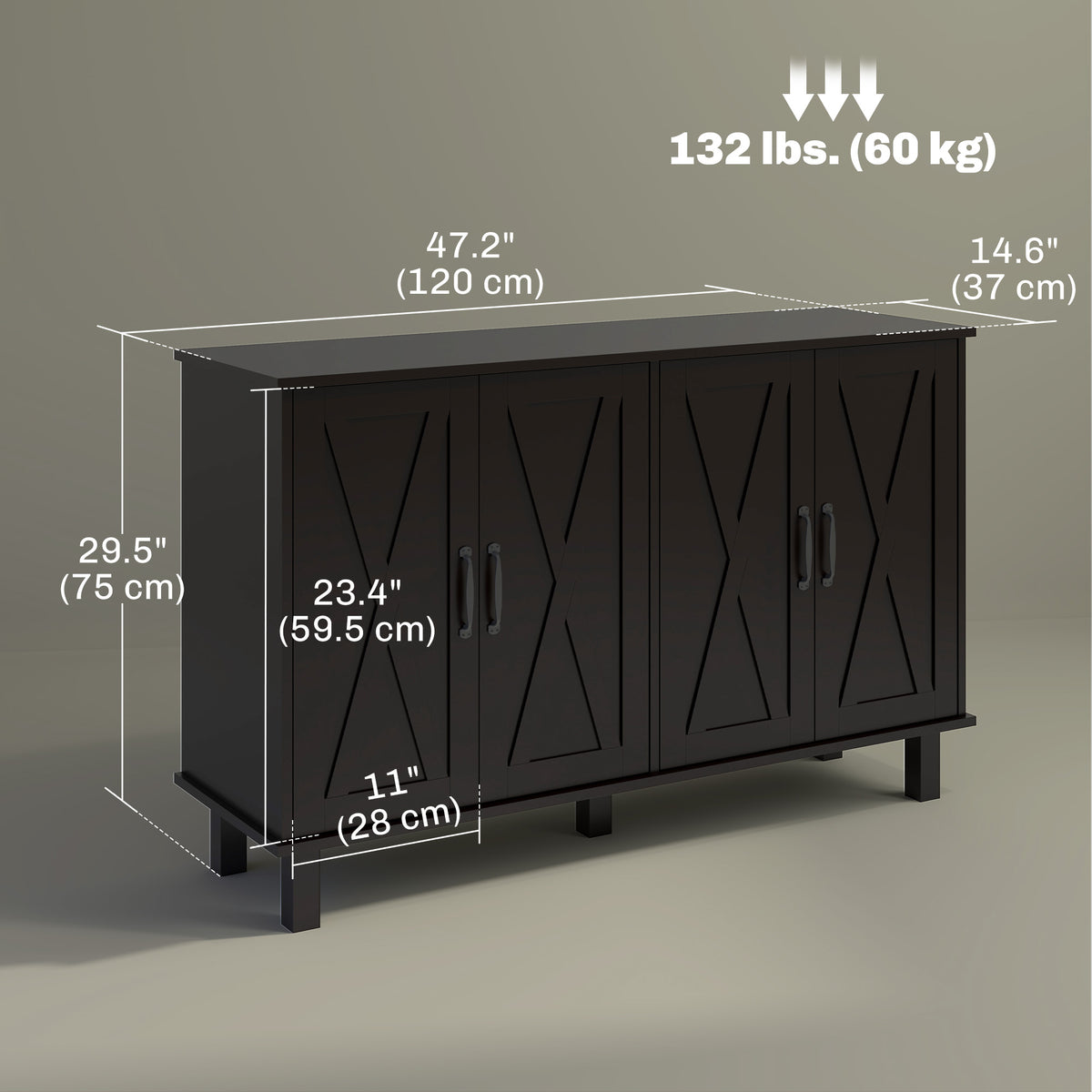 Kitchen Sideboard Cabinet with 4 Barn Doors and 2 Adjustable Shelves – 47"W x 30"H