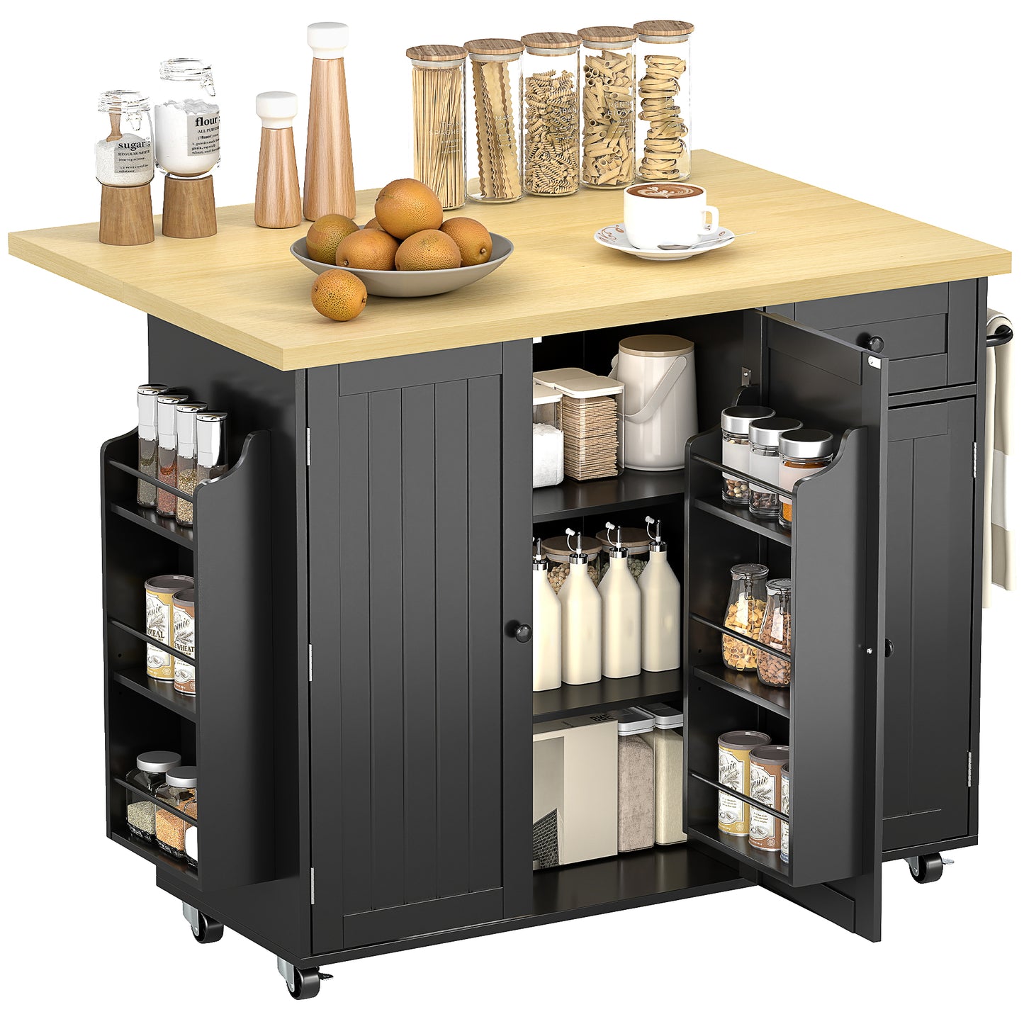 HOMCOM Kitchen Island Cart Drop Leaf Drawer Spice Rack Black