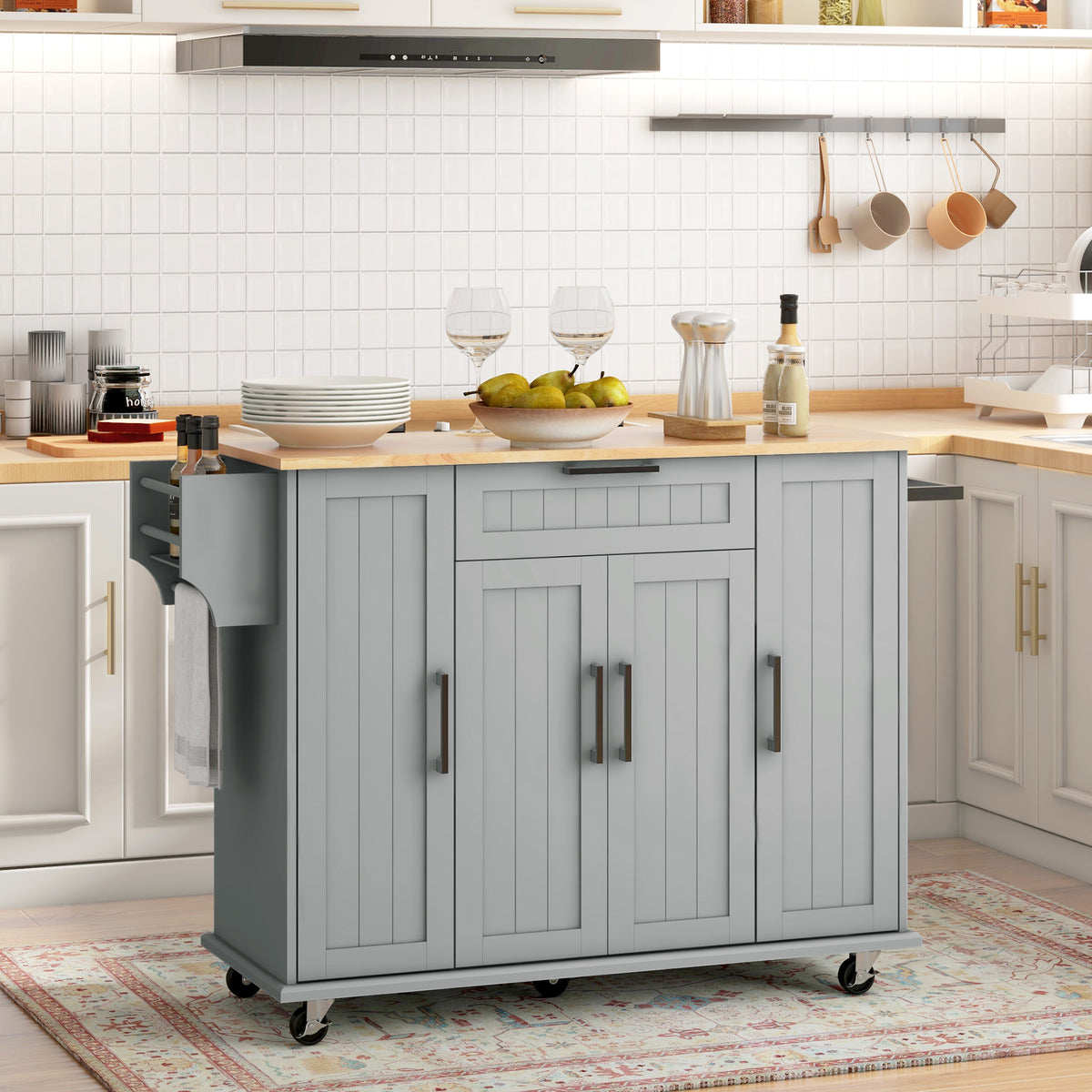Modern Rolling Kitchen Island Cart with Drawers – 52"W x 36"H