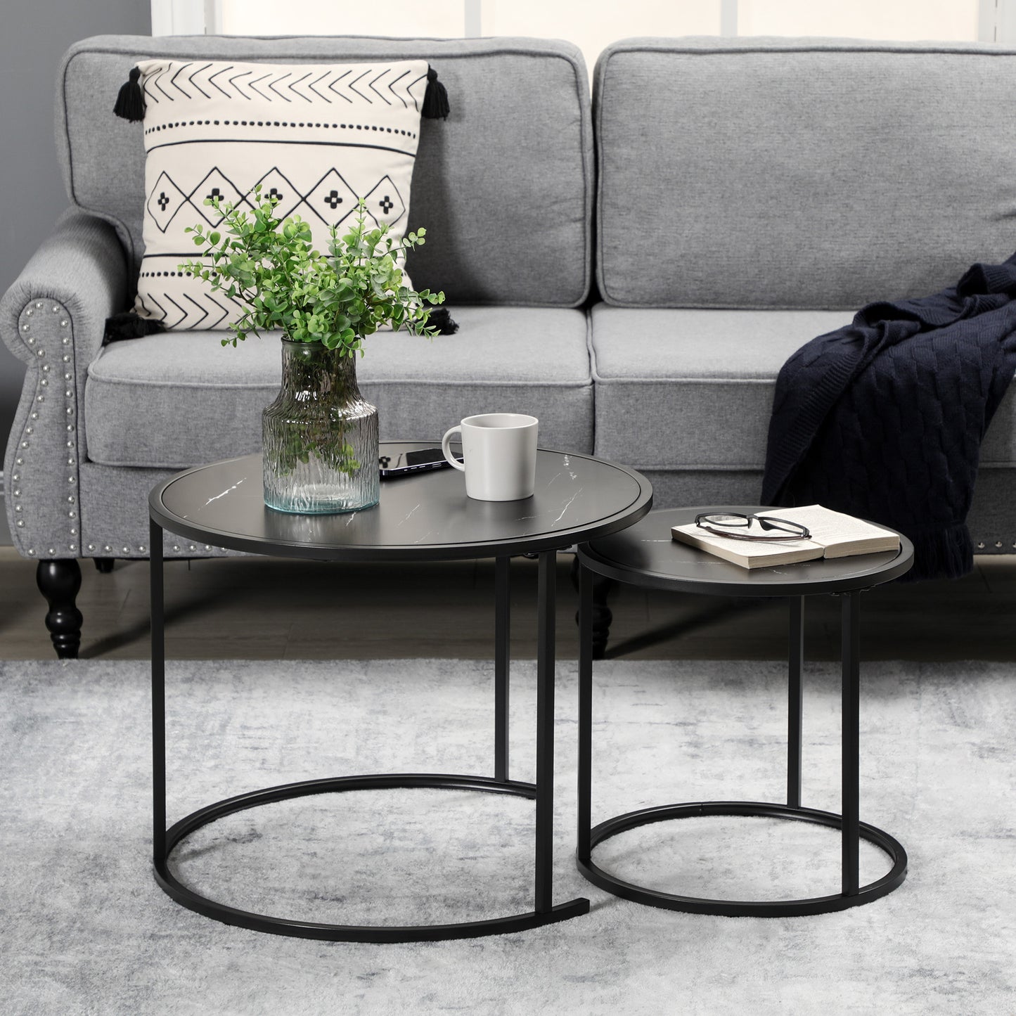 Modern Round Nesting Coffee Table Set, Faux Marble Top, Metal Frame, 2-Piece