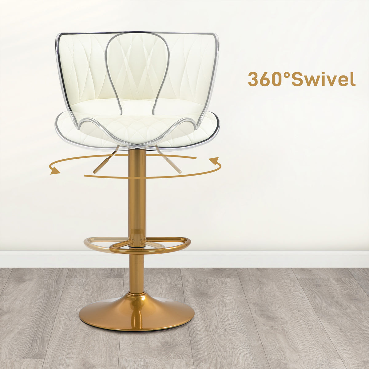 Diamond-Tufted PU Leather Swivel Counter Stools, Gold Base, Set of 2