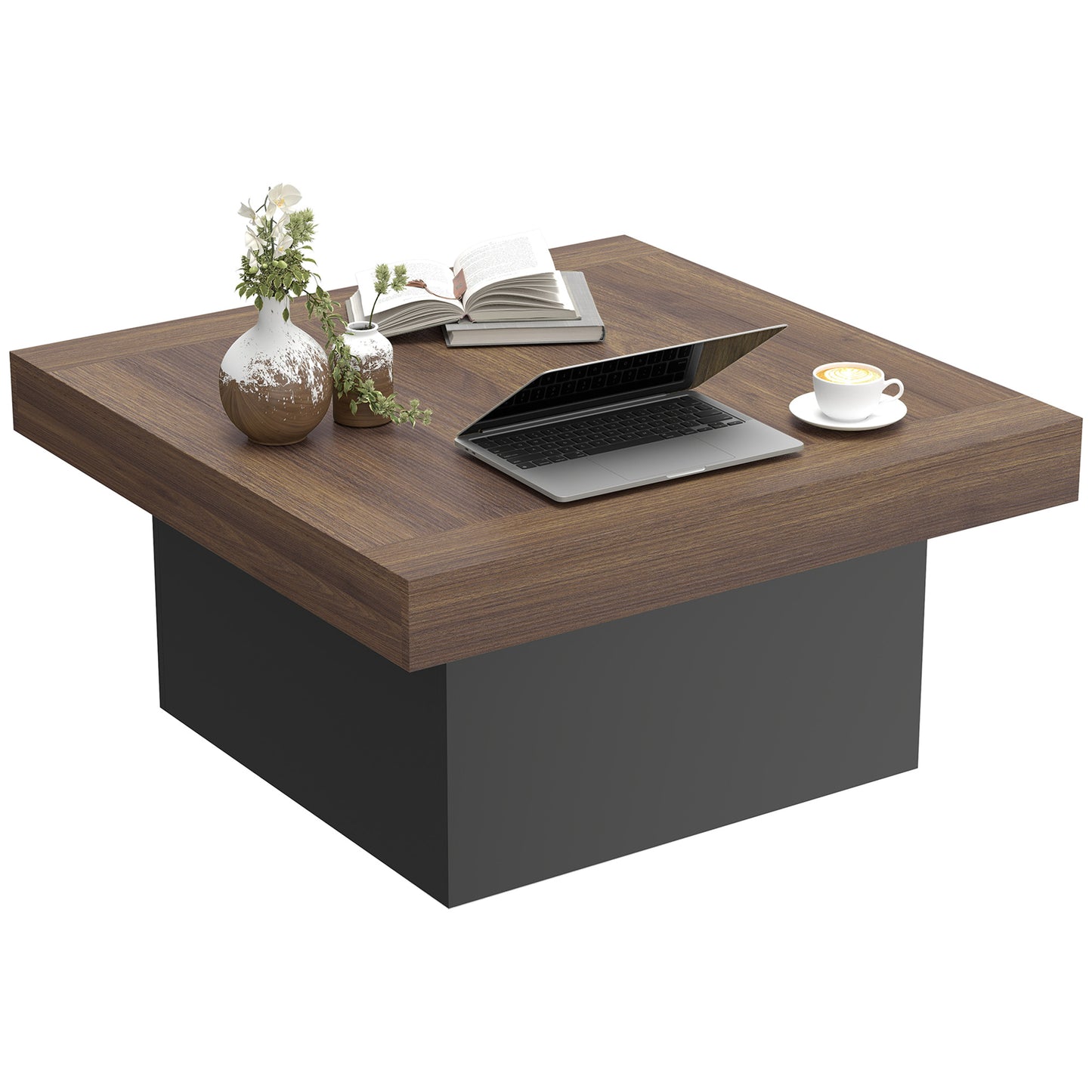 HOMCOM Square Coffee Table with 16-Colour LED Lights, Walnut, 35-Inch