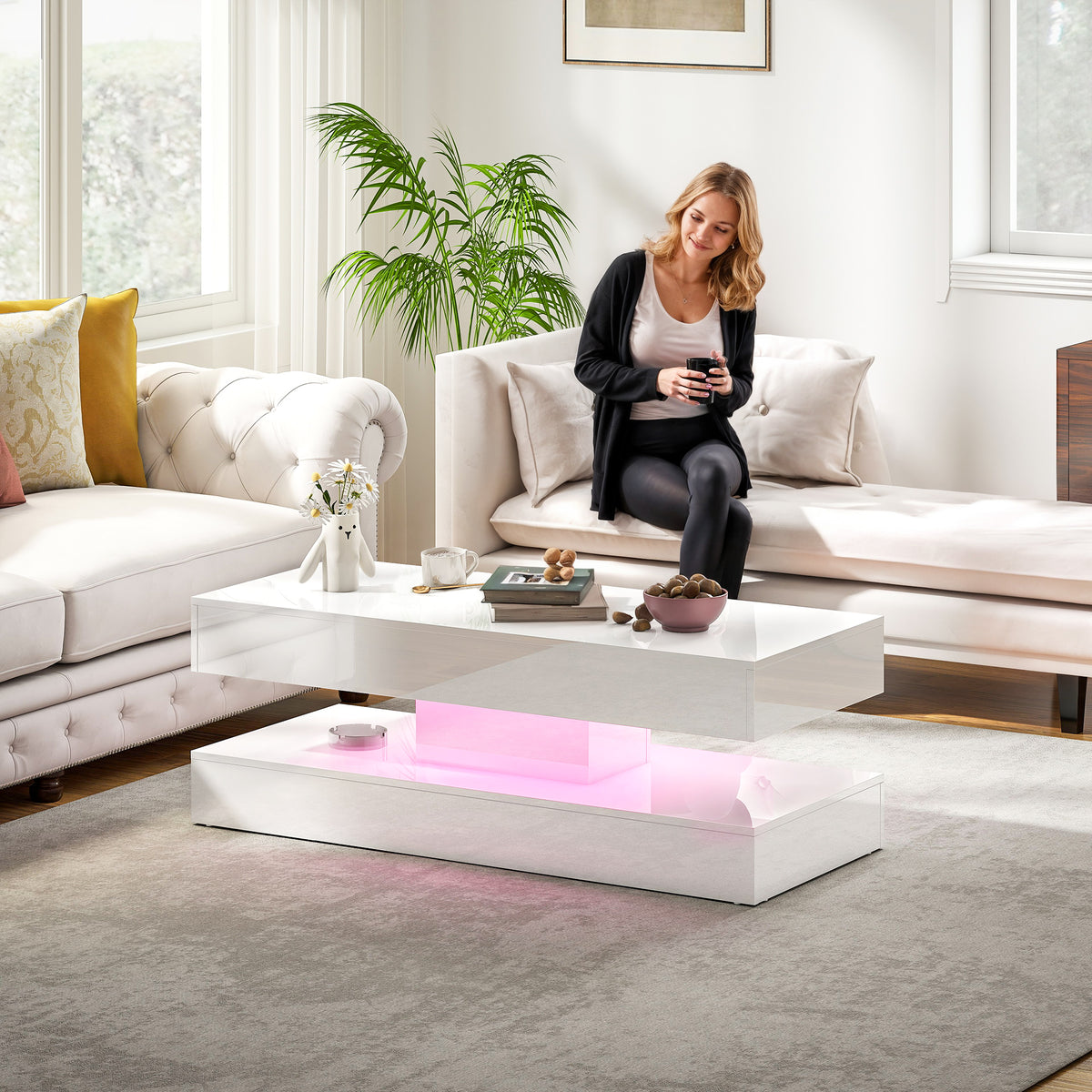 Coffee Table with Adjustable RGB LED Lights, 2 Drawers, Open Shelf and Remote