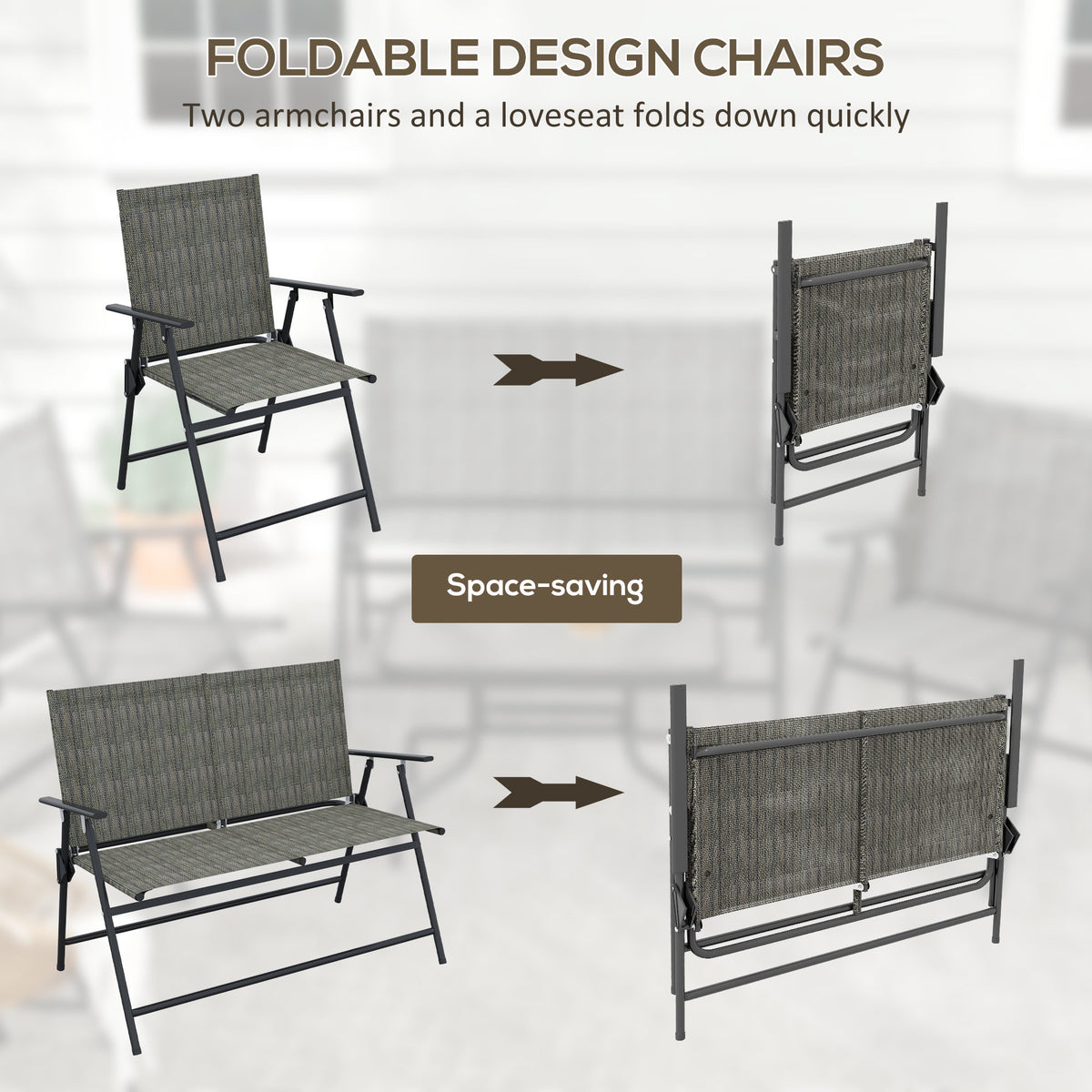 Outdoor 4 Pieces Patio Furniture Set, Garden Set with Two Foldable Armchairs, a Loveseat & Glass Top Table – Mixed Brown