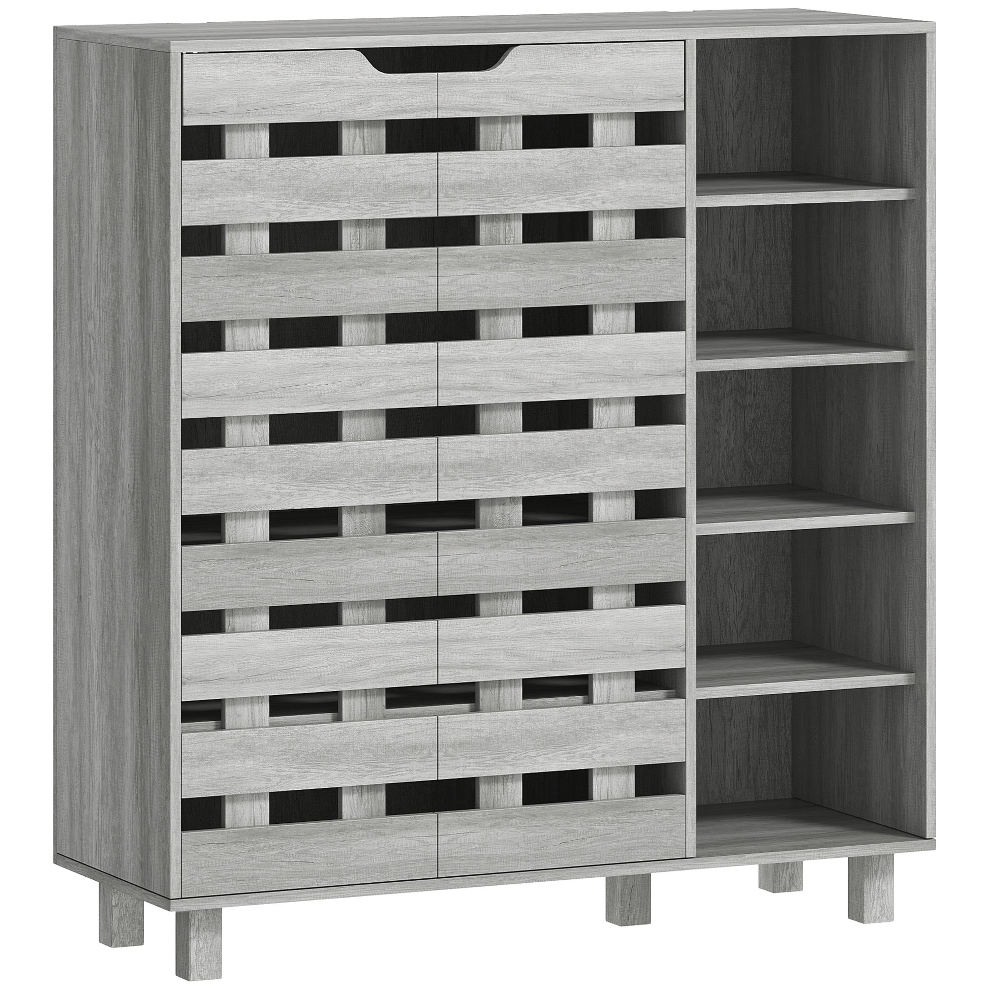 HOMCOM Modern Light Grey Shoe Cabinet Organizer, 21 Pair Storage with Doors