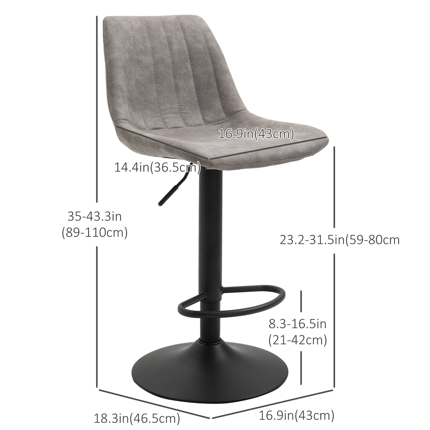 HOMCOM Adjustable Swivel Bar Stools Set of 2, Upholstered Grey Leathaire with Backrest