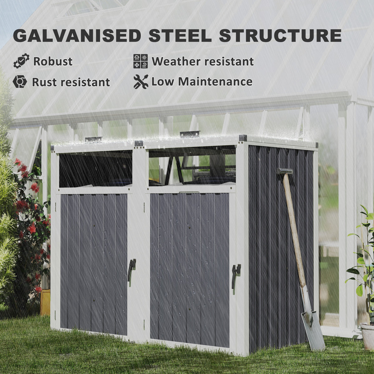 Double Garbage Bin Shed, Lockable Outdoor Storage Shed with Openable Lid, Galvanized Frame for Garden Patio
