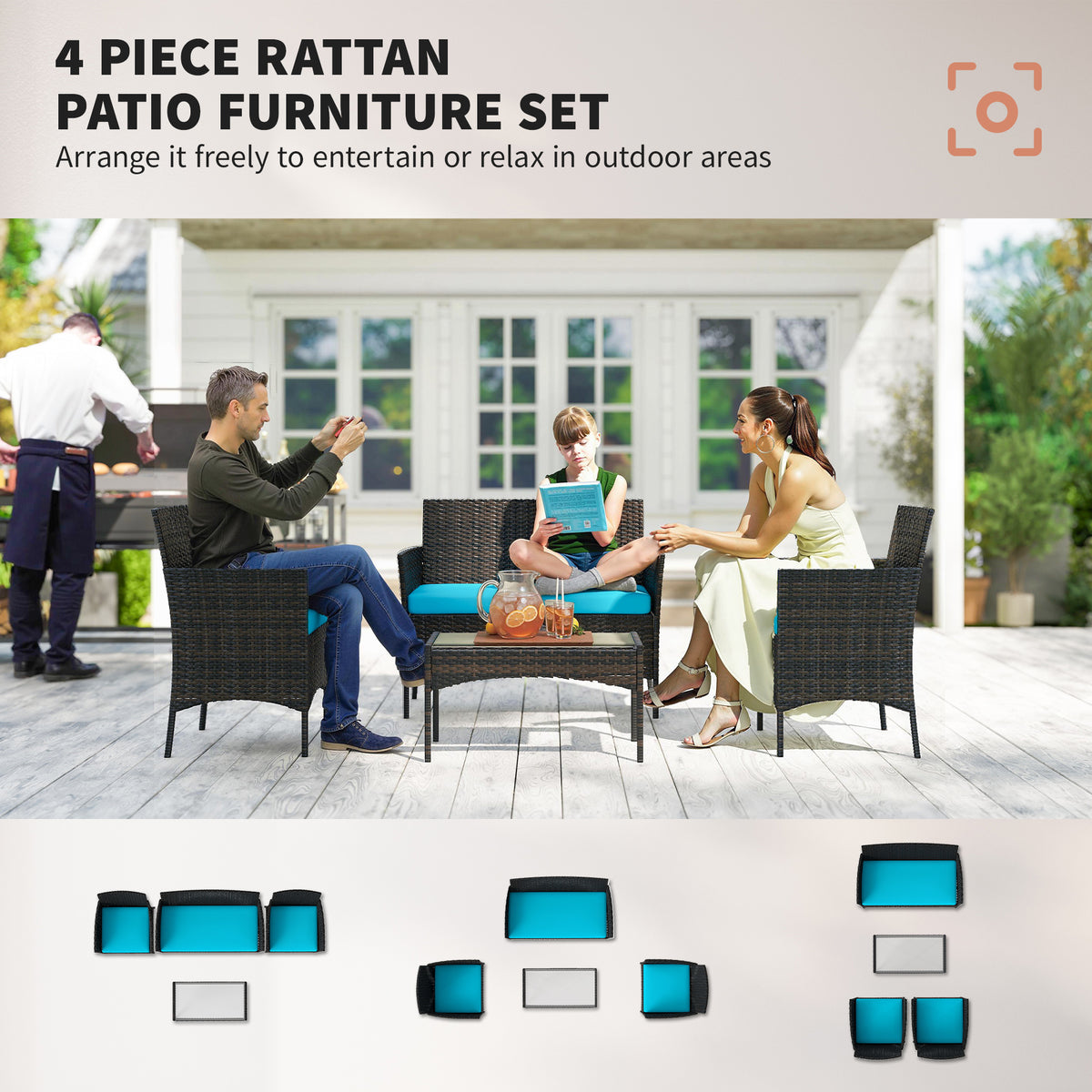 4 Pieces Wicker Outdoor Balcony Furniture Set, Rattan Patio Furniture Set with Loveseat Chairs Glass Coffee Table – Turquoise