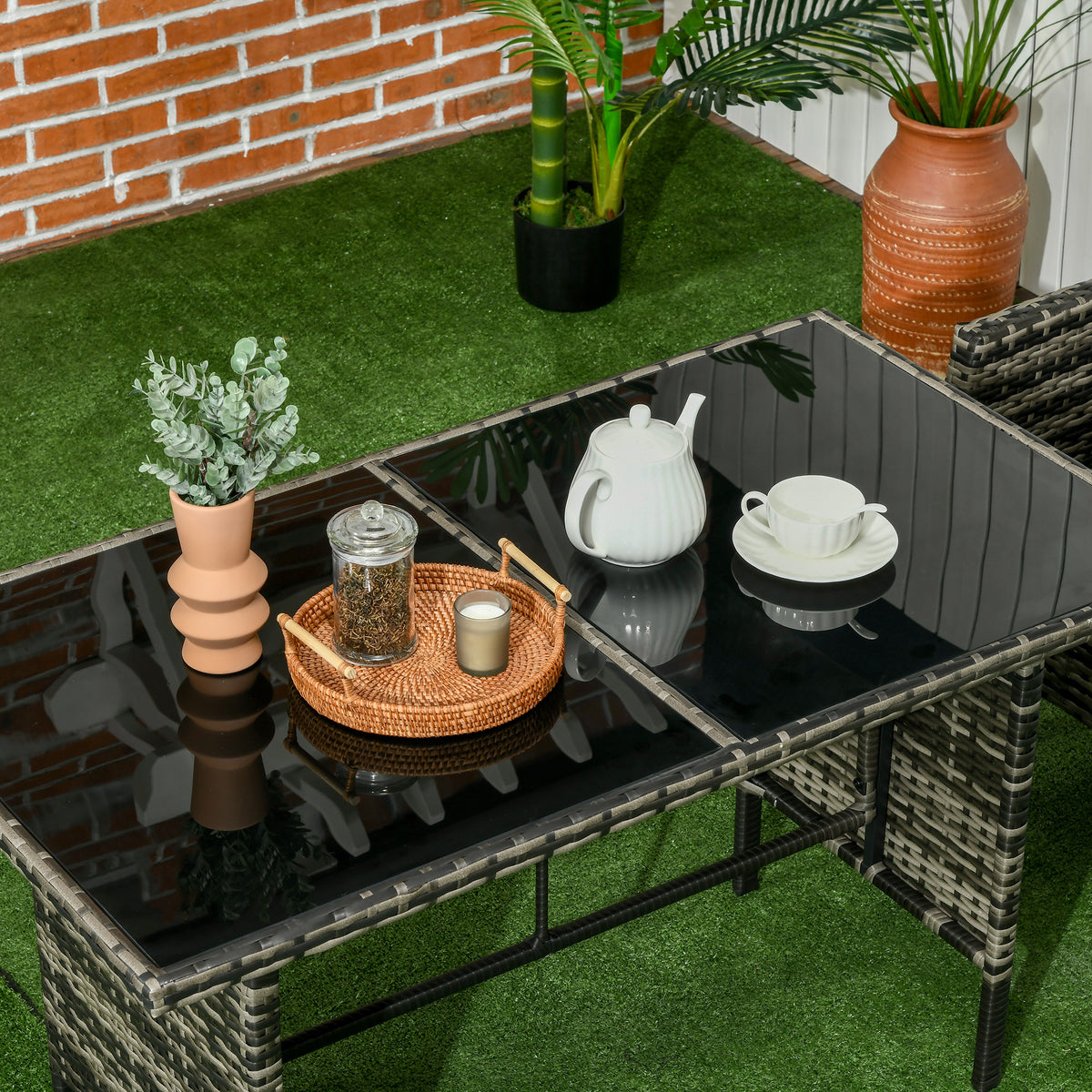 6 Piece Patio Furniture Set with Patio Chairs, Ottomans, Sofa, Glass Top Table and Cushions, Wicker Rattan Outdoor Furniture Set for Backyard, Porch