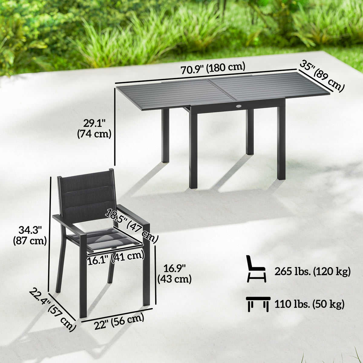 Patio Dining Set for 6, Aluminum Expandable Outdoor Table and 6 Stackable Chairs with Padded Back, Mesh Seat – Black