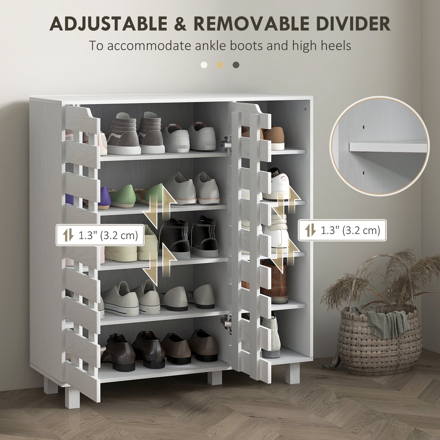 HOMCOM White 5-Tier Shoe Cabinet Organizer: Double Door & Open Shelves