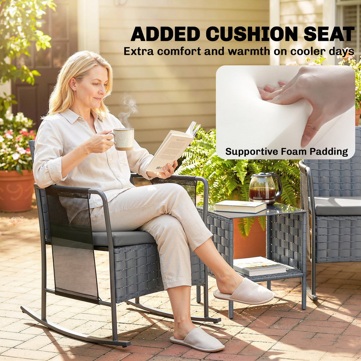 3 Pieces Rocking Bistro Set Outdoor Patio Furniture Set with Side Pockets, Mesh Seat, Cushions, 2-Tier Table