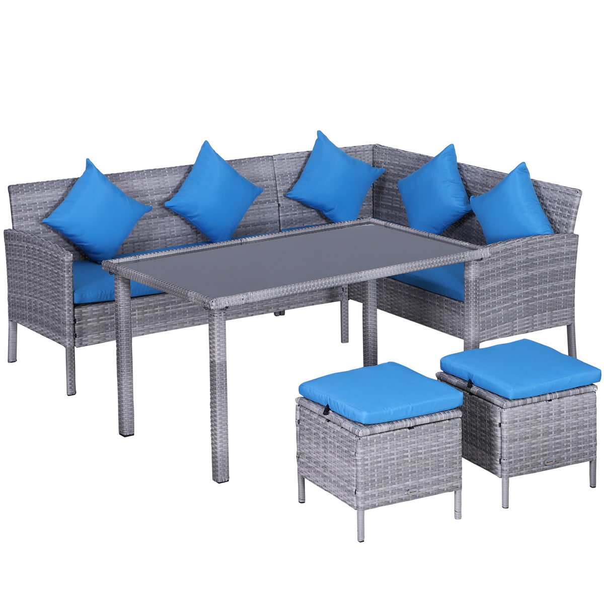5 Pieces Wicker Patio Conversation Dining Furniture Set with Cushions, Table and Ottomans, Bright