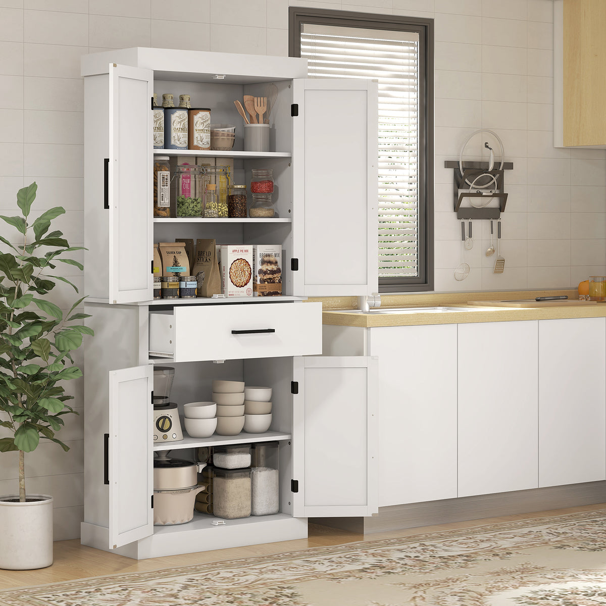 Farmhouse Kitchen Pantry Cabinet with 4 Barn Doors – 30"W x 72"H