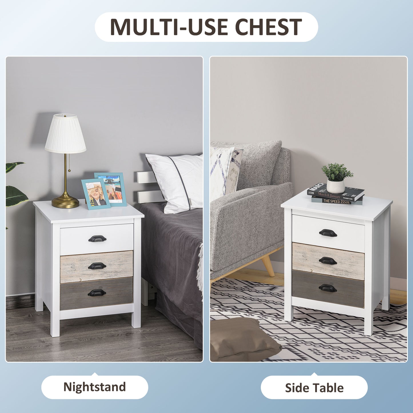 HOMCOM Modern 3-Drawer Wooden Bedside Nightstand - Accent Storage Cabinet