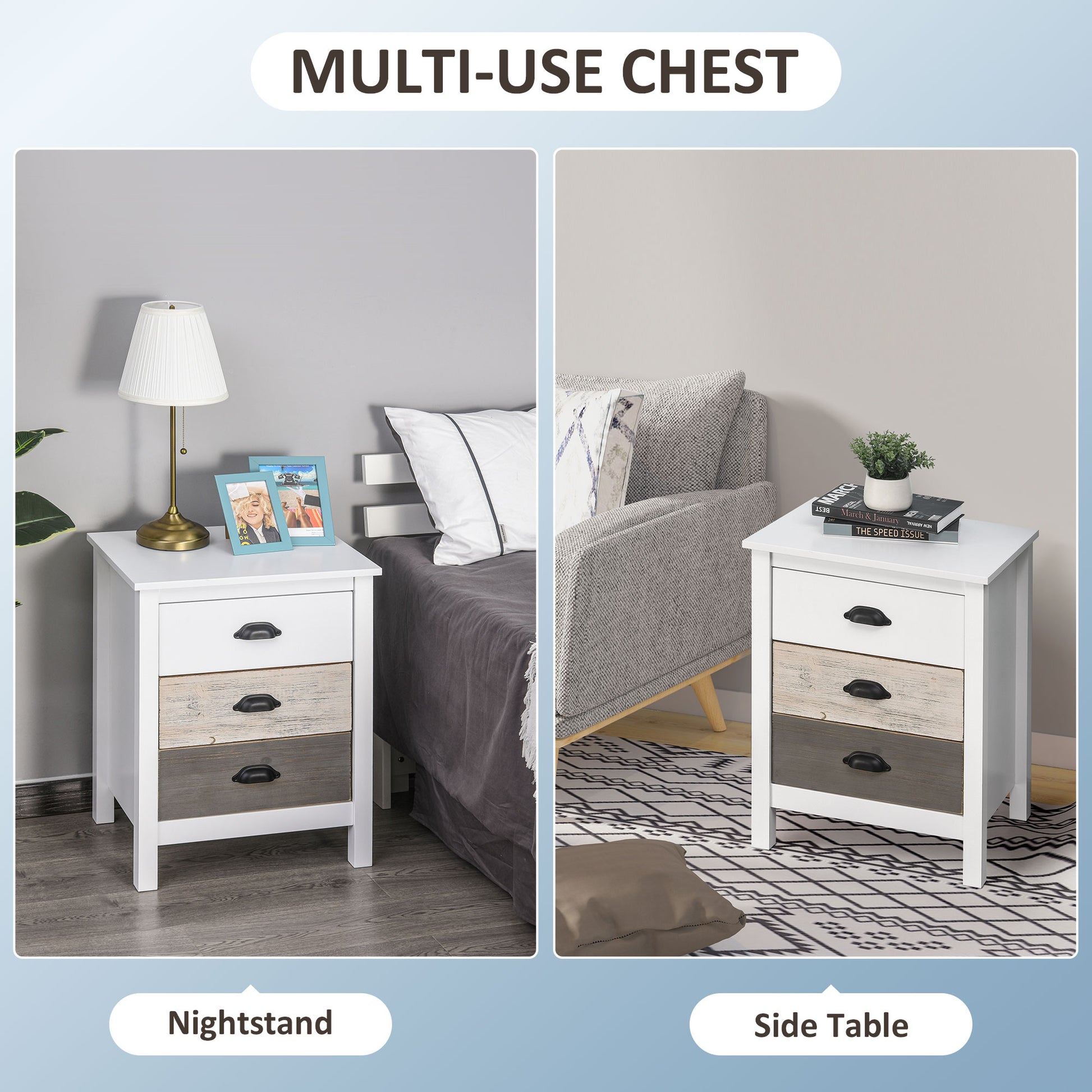 HOMCOM Modern 3-Drawer Wooden Bedside Nightstand - Accent Storage Cabinet