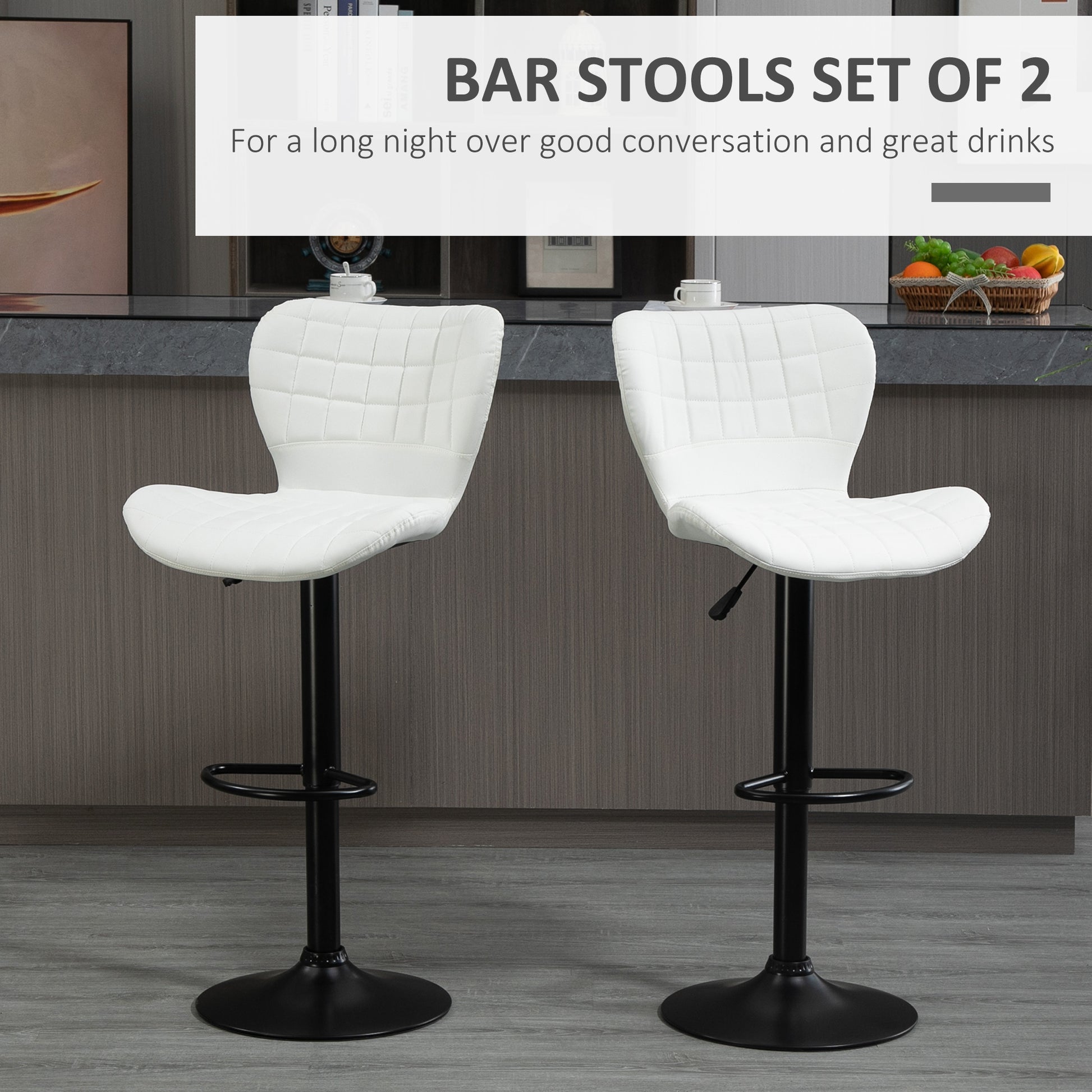 HOMCOM Modern Adjustable Swivel Bar Stools Set of 2, White PU Leather