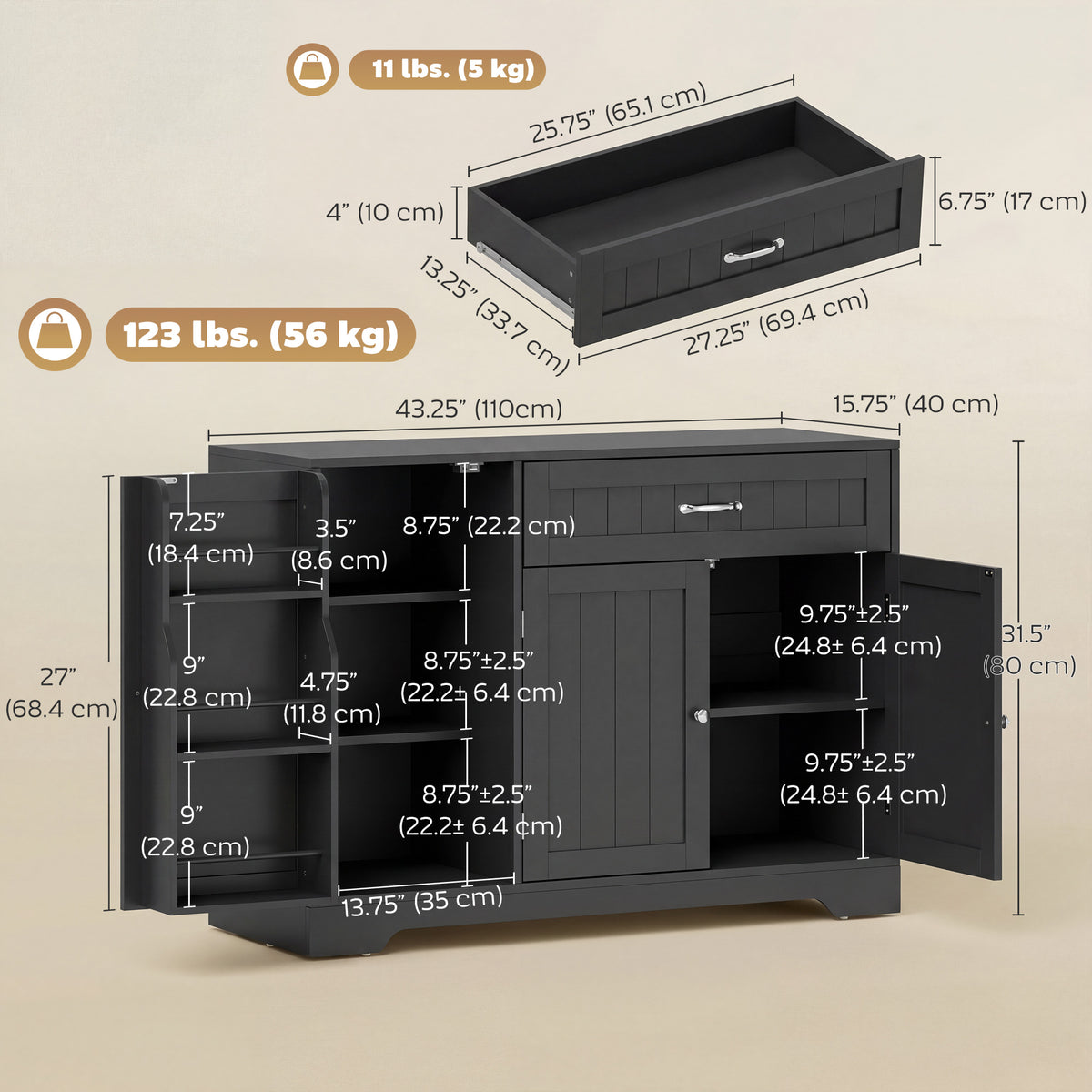 Modern Kitchen Storage Cabinet with Drawer – 43"W x 31"H