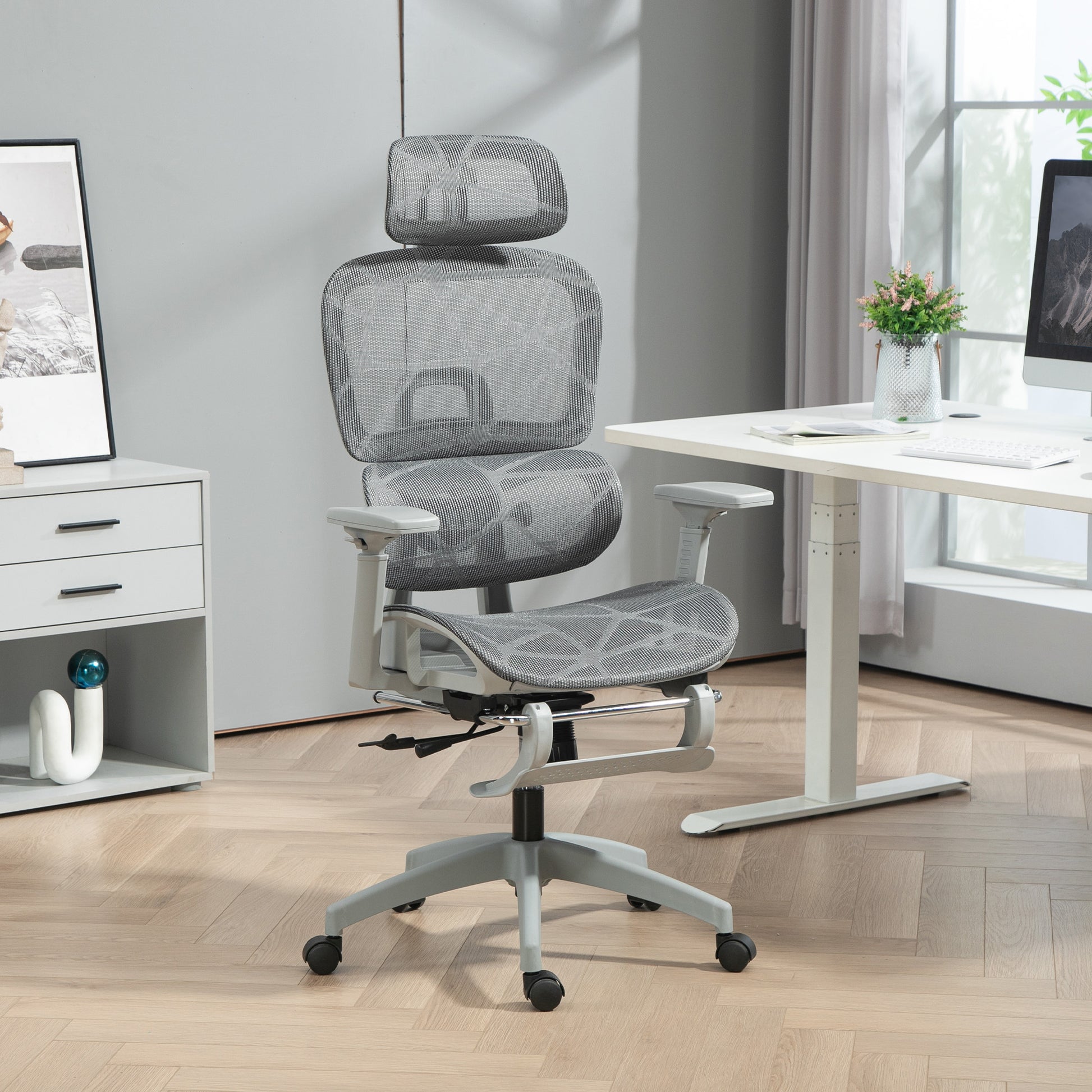 HOMCOM Grey Ergonomic Mesh Office Chair: High Back, 3D Armrests, Lumbar Support, Reclining