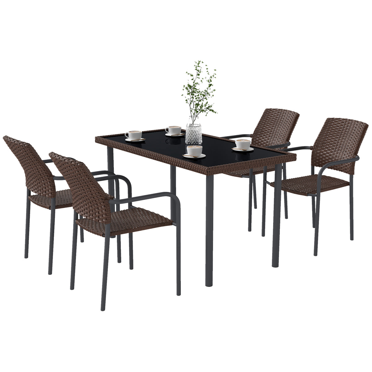 5 Pieces Outdoor Dining Set for 4, PE Wicker Rattan Patio Furniture Set with Stackable Chairs and Glass Table Top