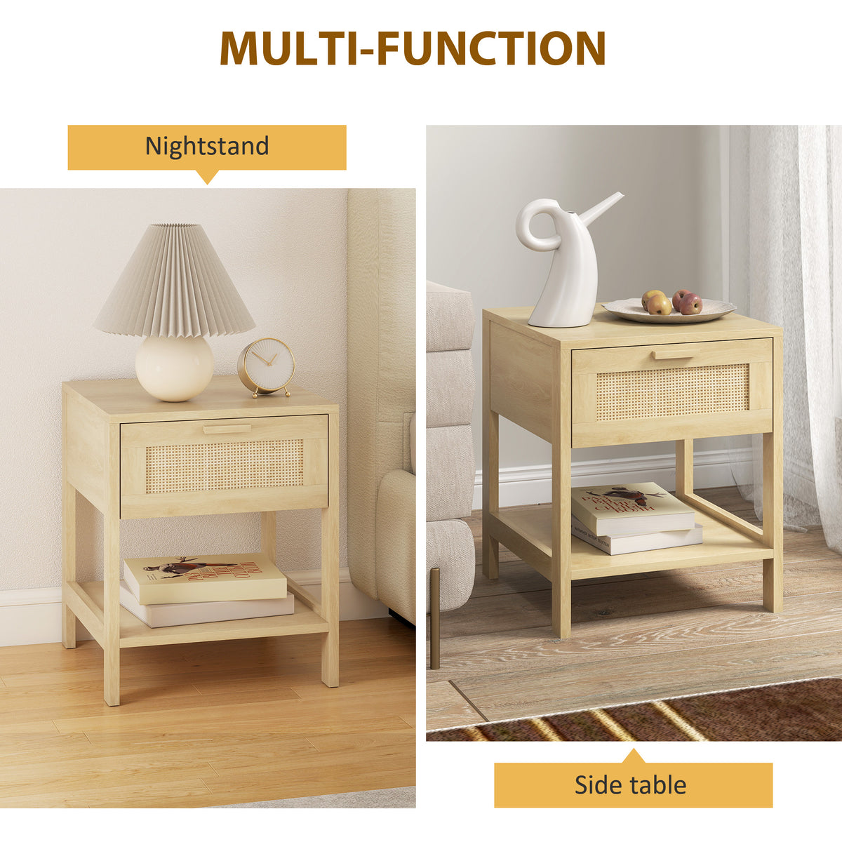 Narrow Rattan Nightstands with Drawer and Shelf, Set of 2 – 16"W x 19"H