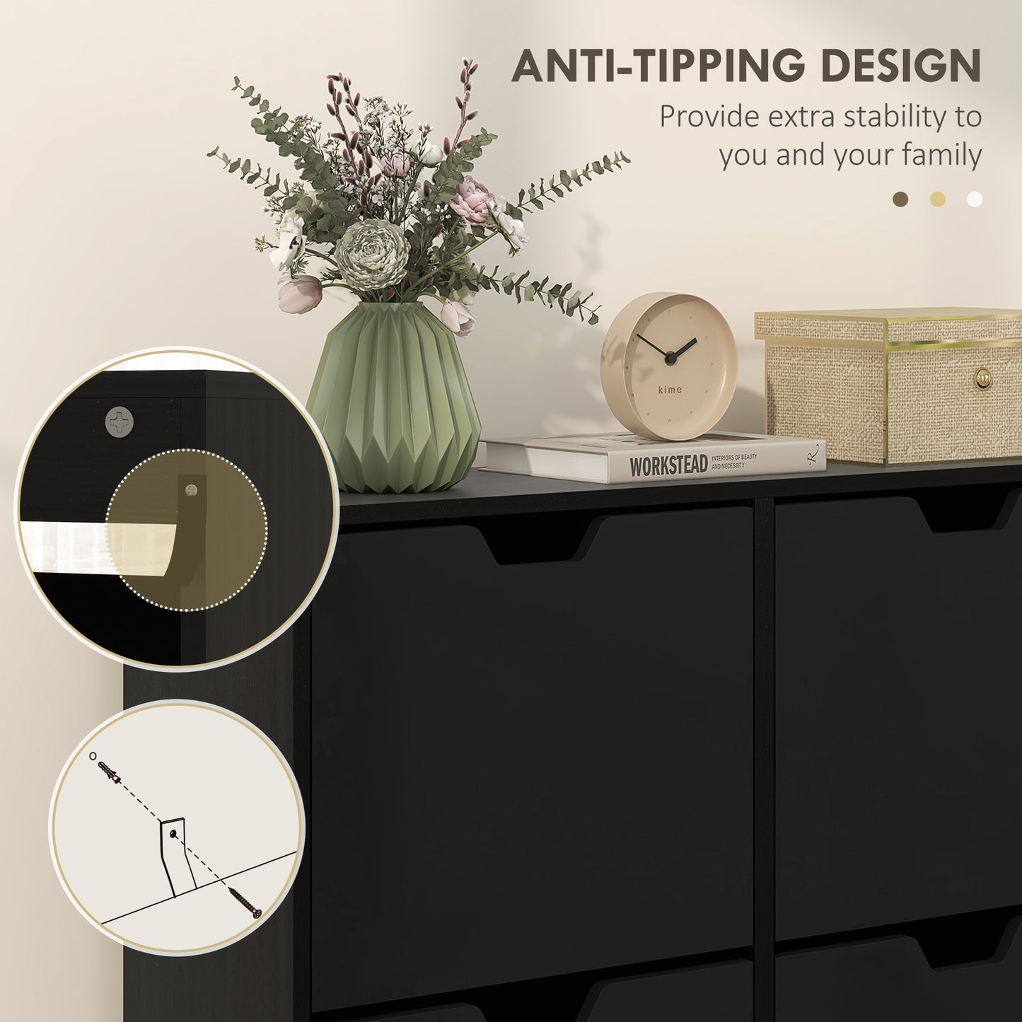 HOMCOM Modern Black Shoe Cabinet, 4 Flip Drawers, Adjustable 16-Pair Storage