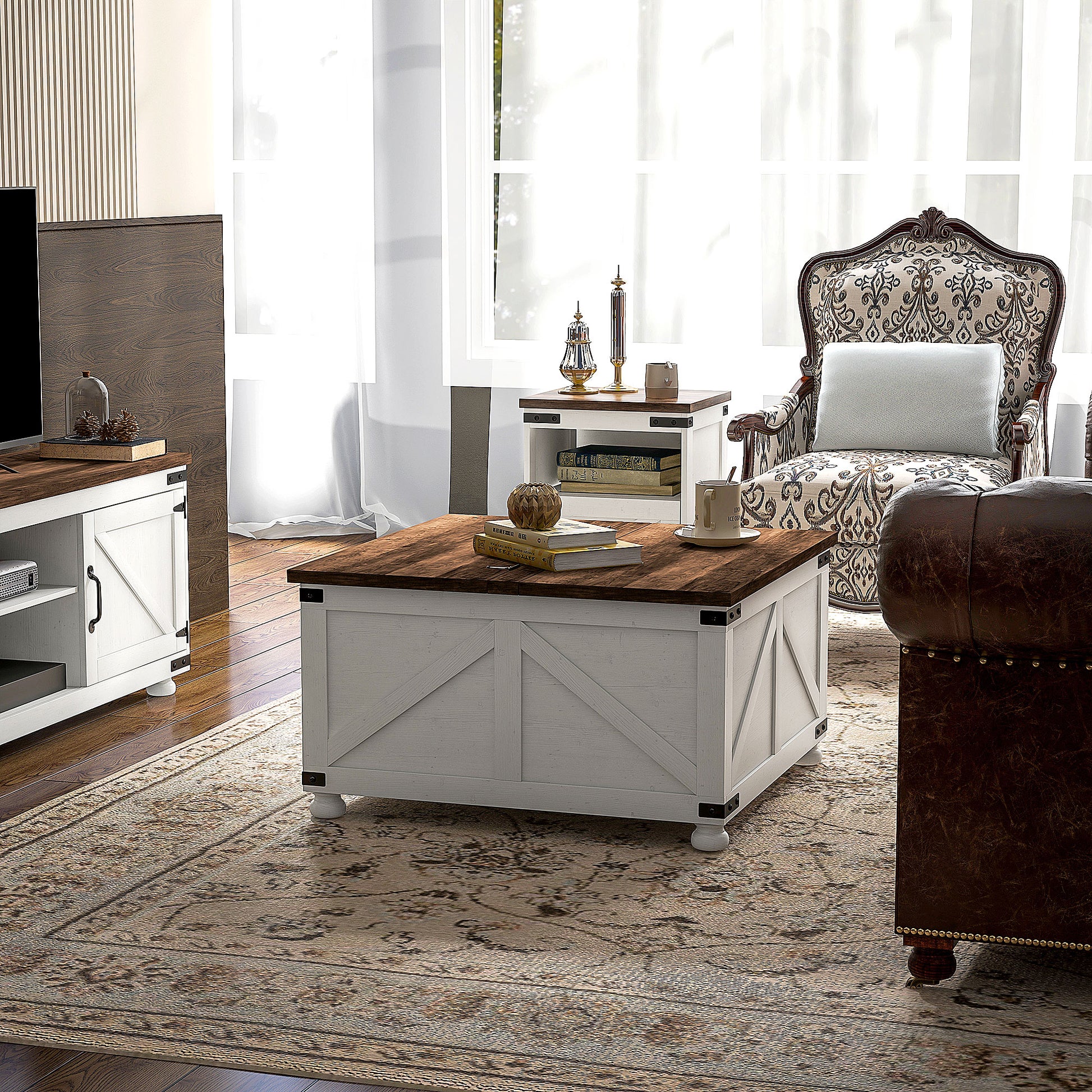 HOMCOM Coffee Table With Lift Top 32" Farmhouse Center Table, Antique White