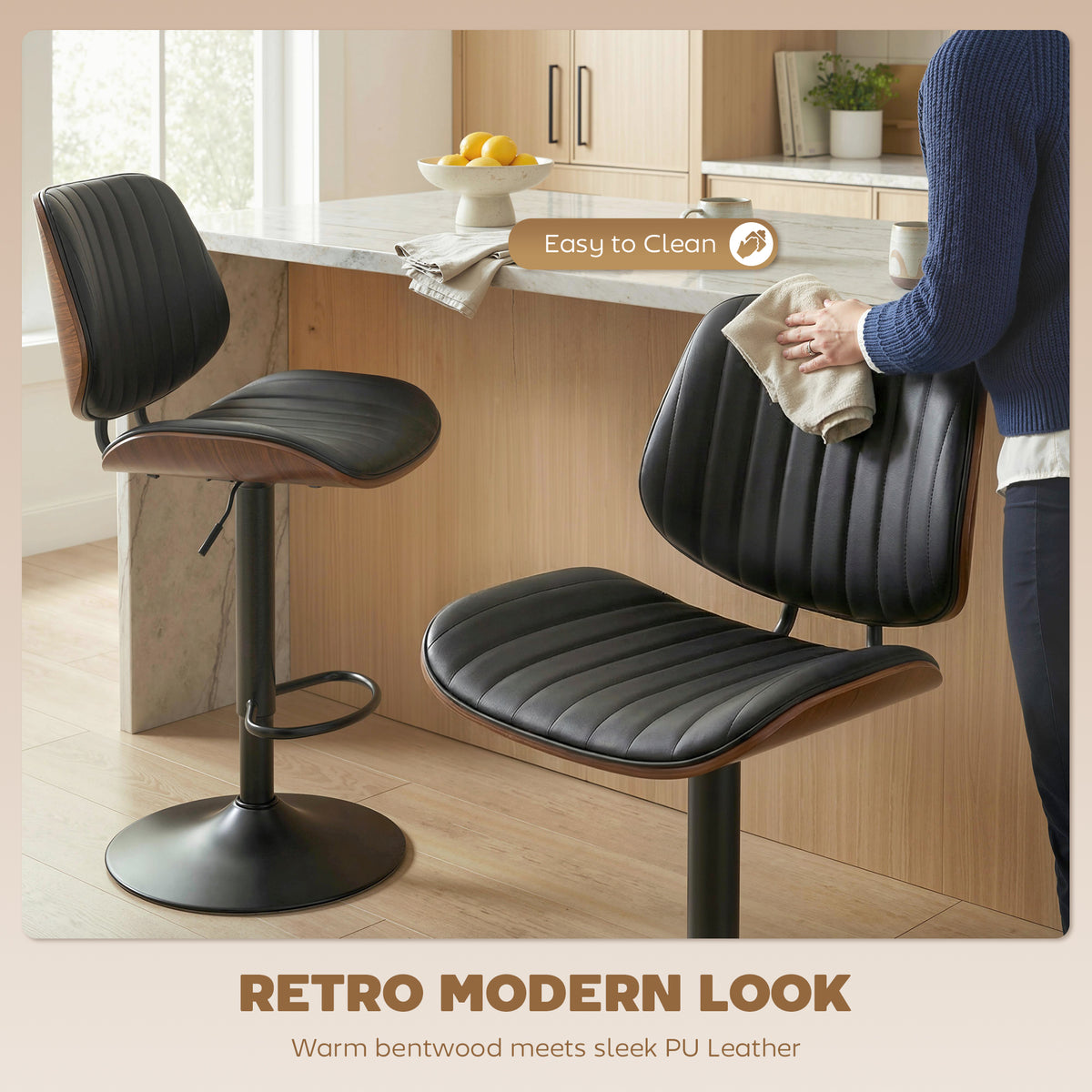 Bentwood-Back PU Leather Swivel Bar Stools, Adjustable, Set of 2, Black
