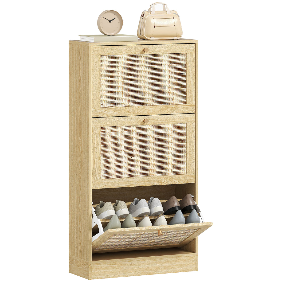 Rattan Shoe Storage Cabinet with 3 Flip Drawers – 24"W x 45"H